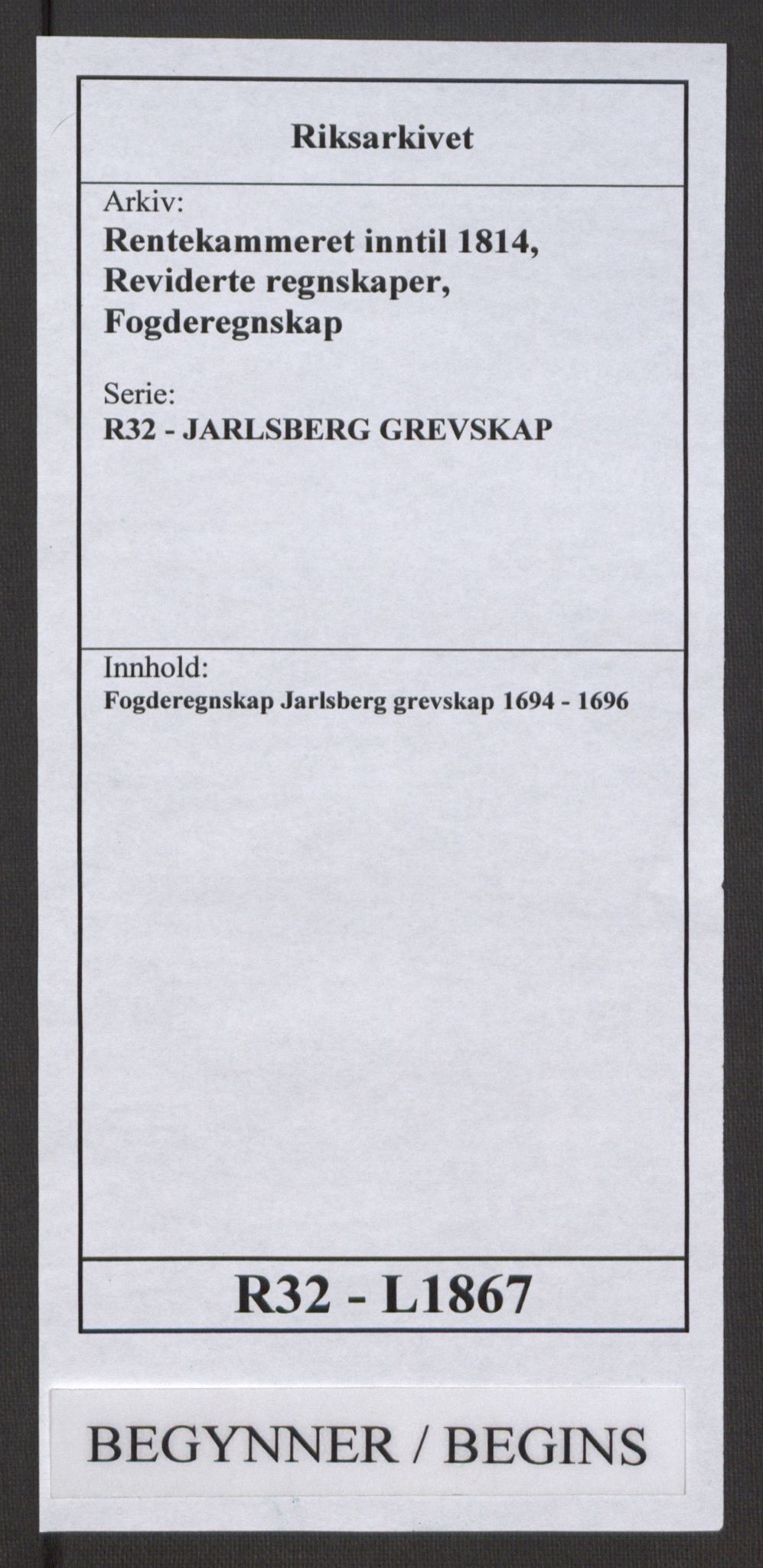 Rentekammeret inntil 1814, Reviderte regnskaper, Fogderegnskap, AV/RA-EA-4092/R32/L1867: Fogderegnskap Jarlsberg grevskap, 1694-1696, s. 1