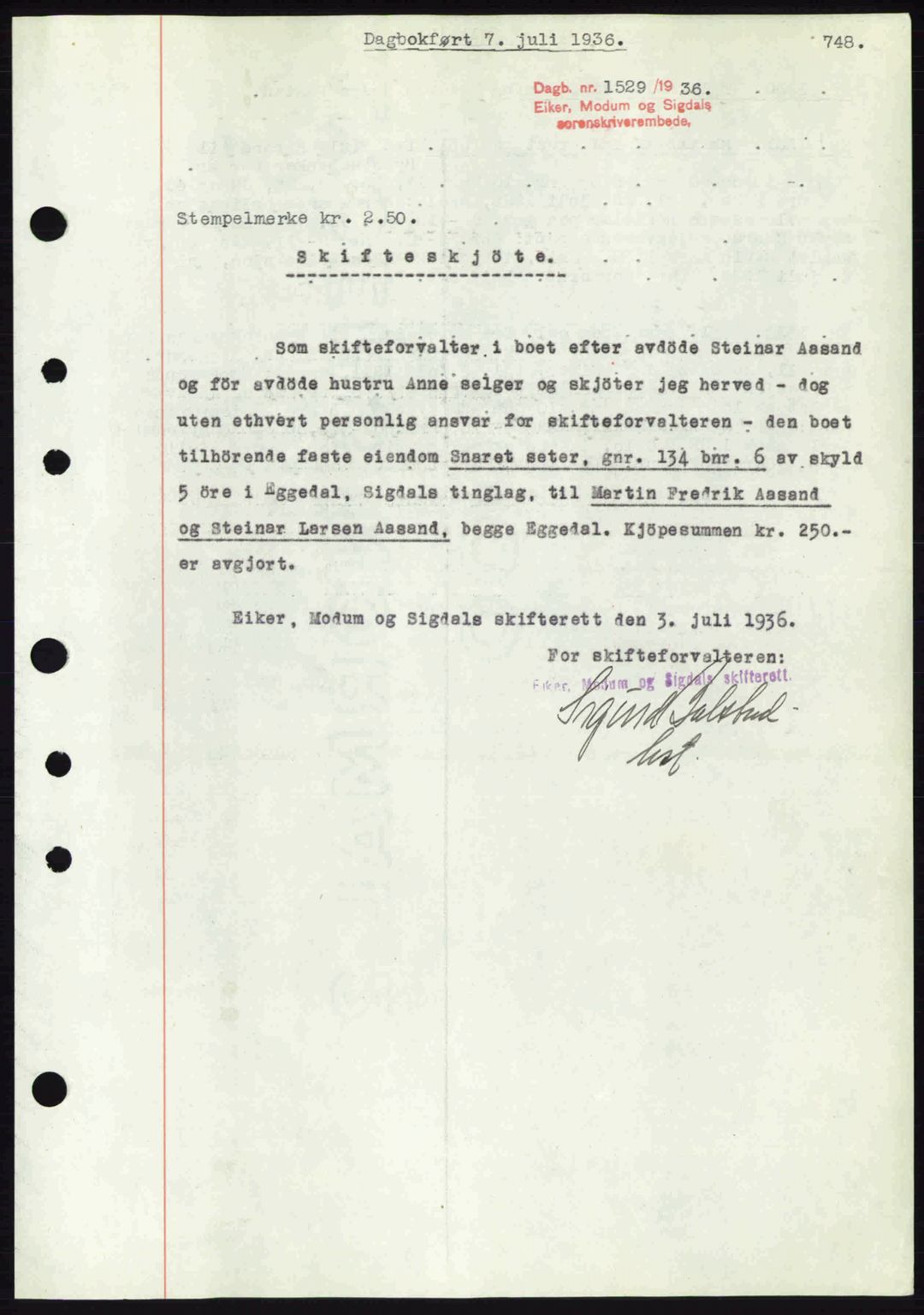 Eiker, Modum og Sigdal sorenskriveri, SAKO/A-123/G/Ga/Gab/L0032: Pantebok nr. A2, 1936-1936, Dagboknr: 1529/1936