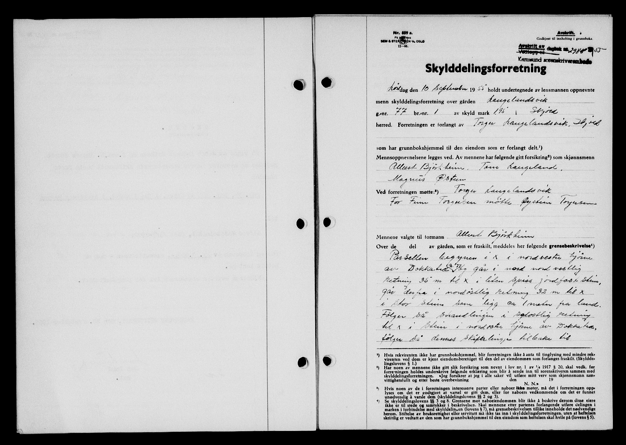 Karmsund sorenskriveri, SAST/A-100311/01/II/IIB/L0117: Pantebok nr. 97Aa, 1955-1955, Dagboknr: 2985/1955