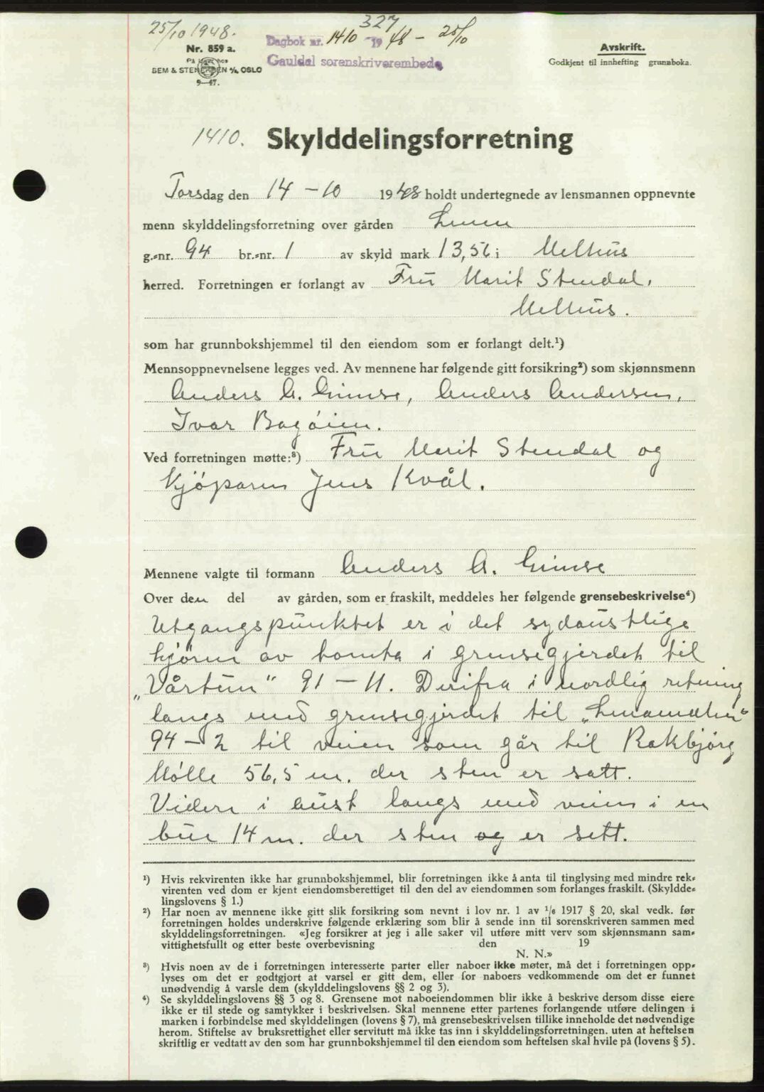 Gauldal sorenskriveri, SAT/A-0014/1/2/2C: Pantebok nr. A6, 1948-1948, Dagboknr: 1410/1948