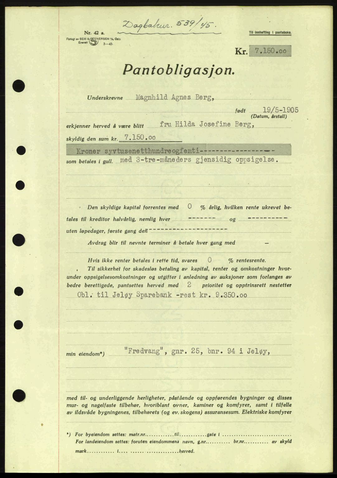 Moss sorenskriveri, SAO/A-10168: Pantebok nr. B13, 1943-1945, Dagboknr: 539/1945