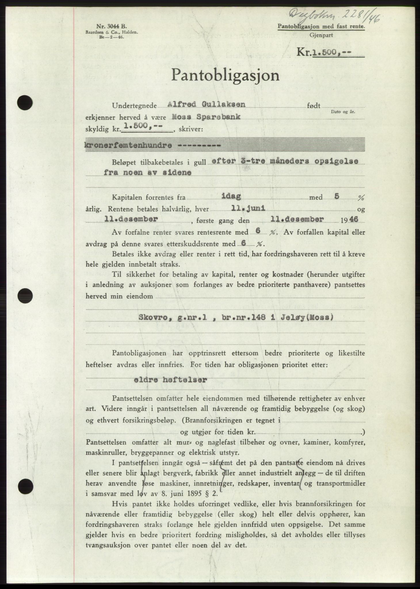 Moss sorenskriveri, SAO/A-10168: Pantebok nr. B16, 1946-1947, Dagboknr: 2281/1946