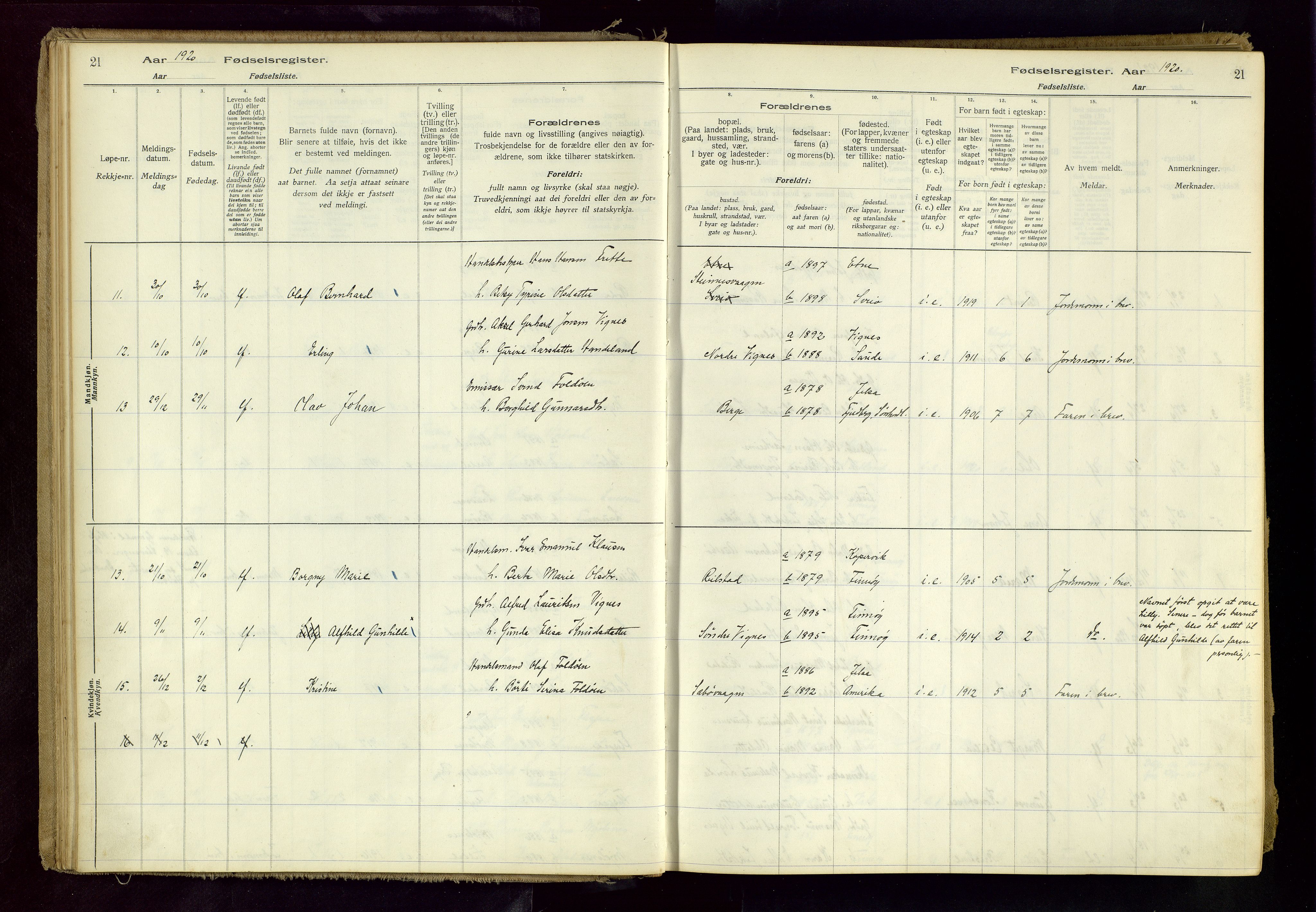 Finnøy sokneprestkontor, SAST/A-101825/I/Id/L0001: Fødselsregister nr. 1, 1916-1977, s. 21