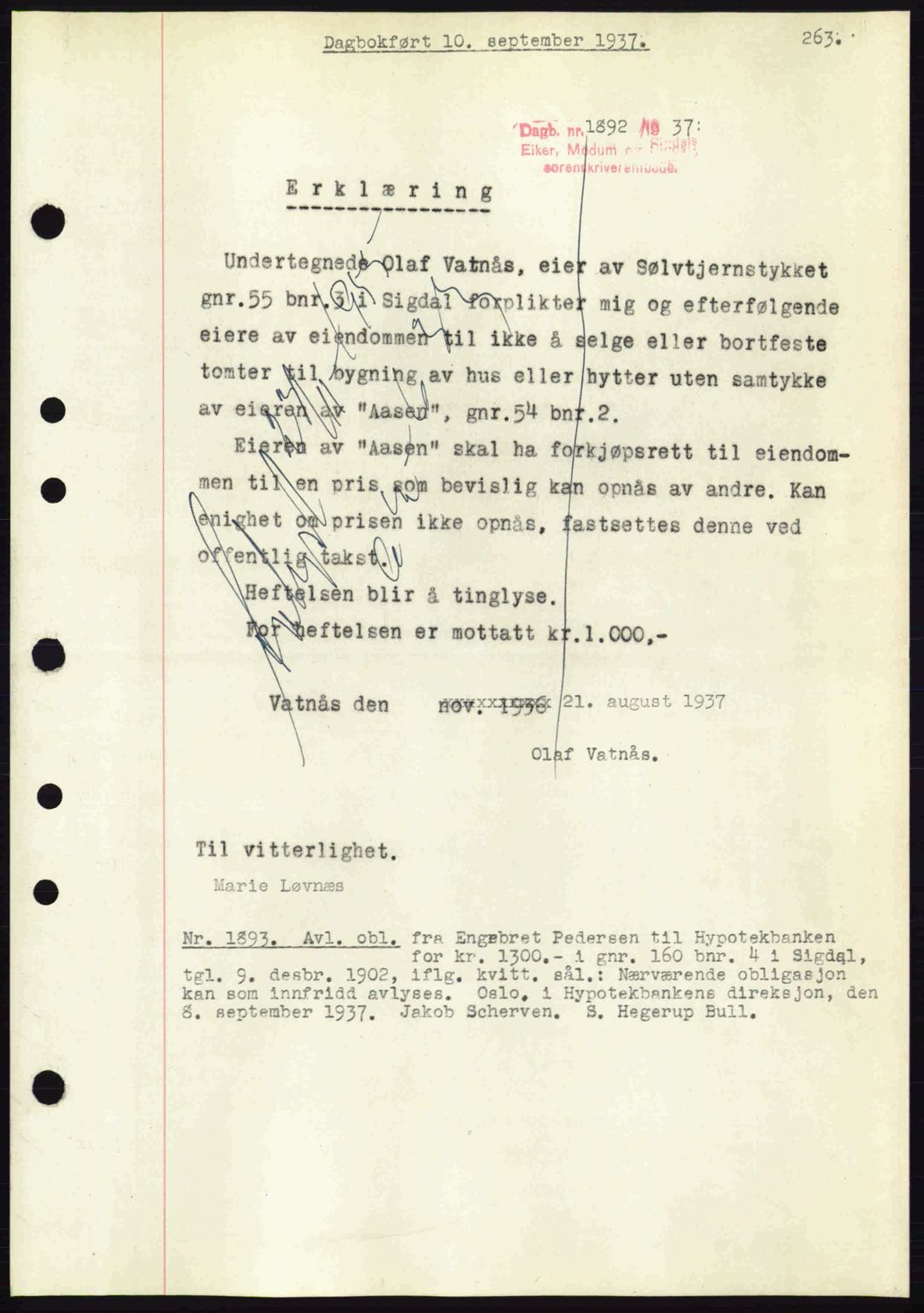 Eiker, Modum og Sigdal sorenskriveri, SAKO/A-123/G/Ga/Gab/L0036: Pantebok nr. A6, 1937-1937, Dagboknr: 1892/1937