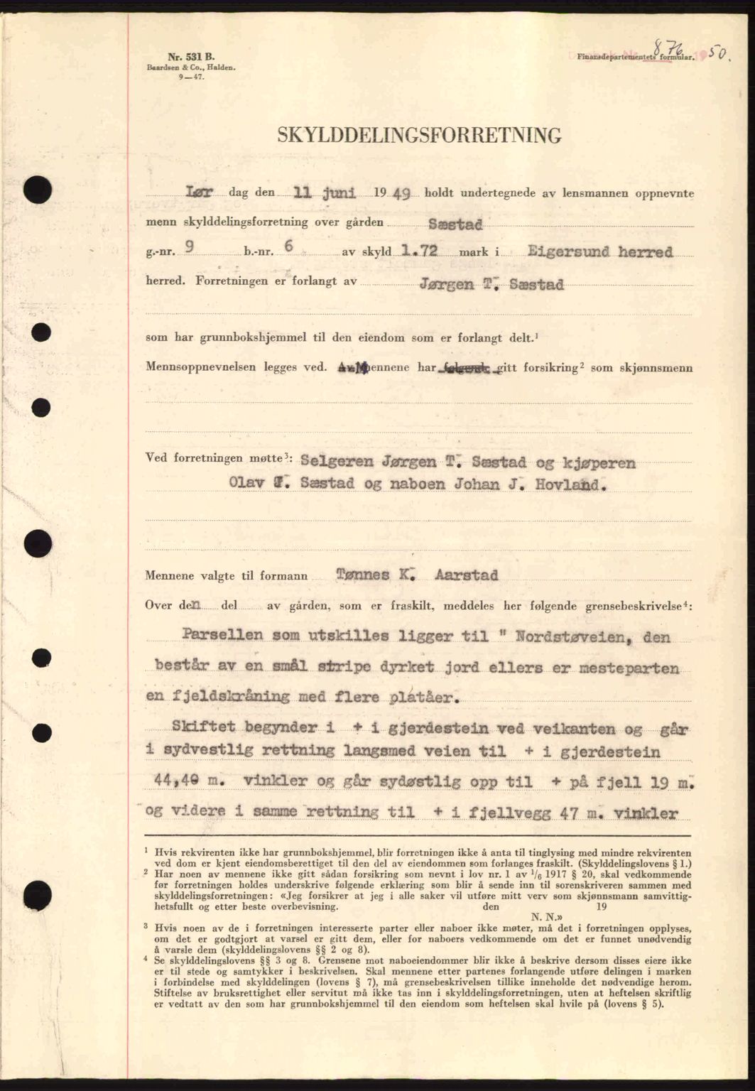 Dalane sorenskriveri, SAST/A-100309/02/G/Gb/L0055: Pantebok nr. A15, 1950-1950, Dagboknr: 876/1950