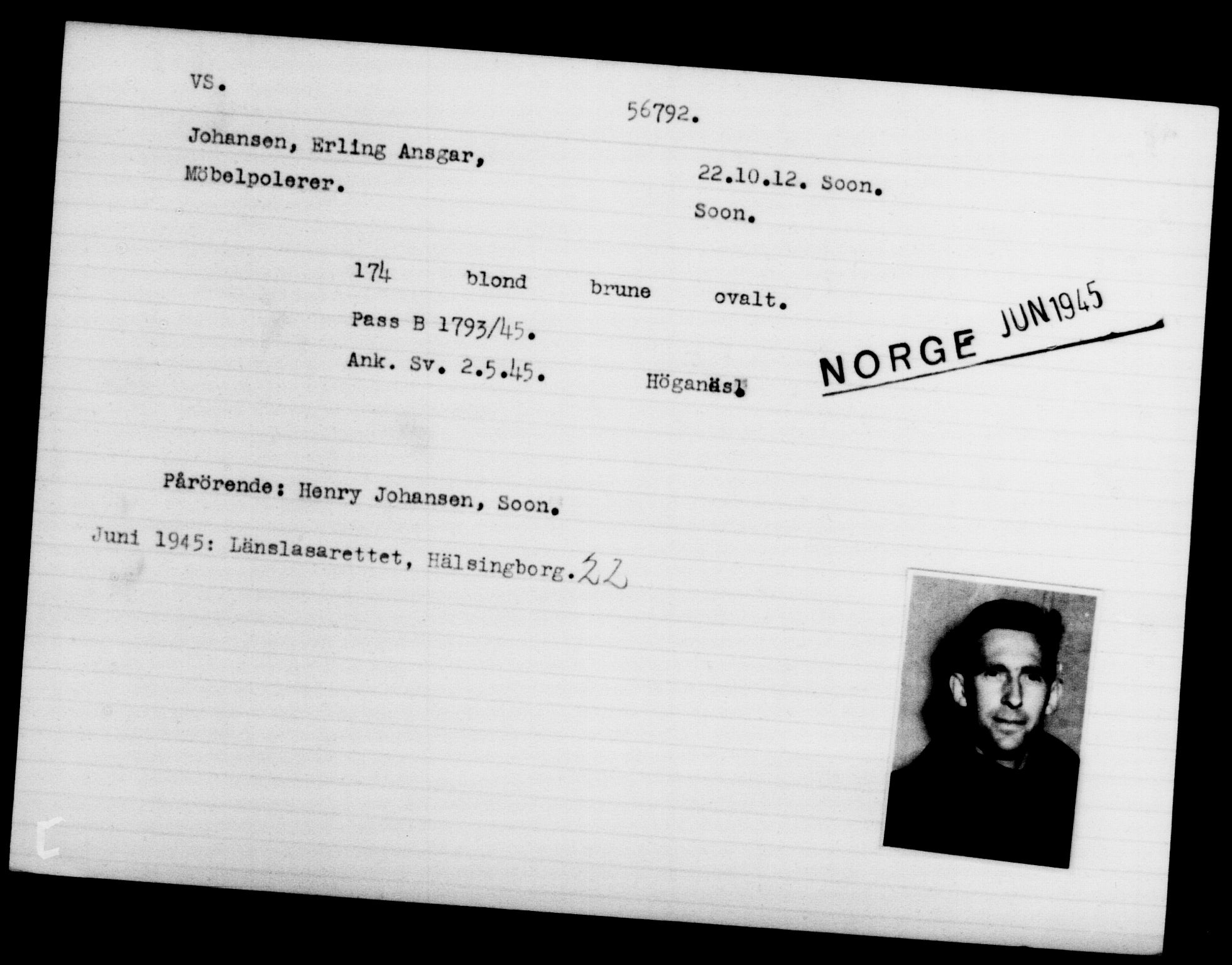 Utenriksstasjonene, Legasjonen i Stockholm, Flyktningkontoret, AV/RA-S-6753/V/Va/L0020: Kjesäterkartoteket, flyktninger med registreringsnr. 55000-58245, 1940-1945, s. 1792