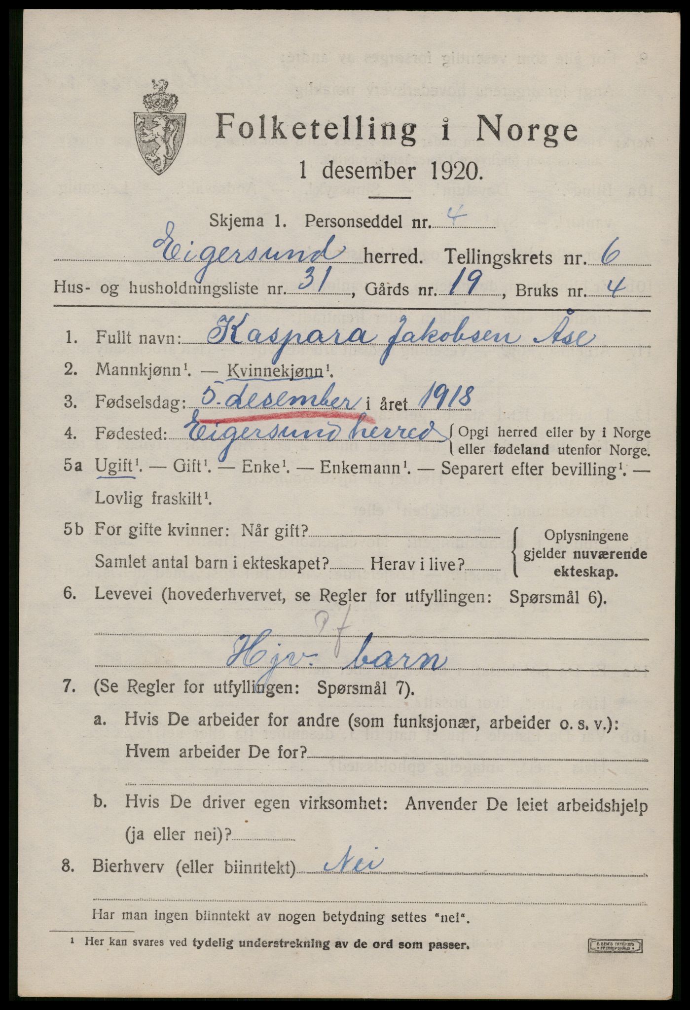 SAST, Folketelling 1920 for 1116 Eigersund herred, 1920, s. 4231