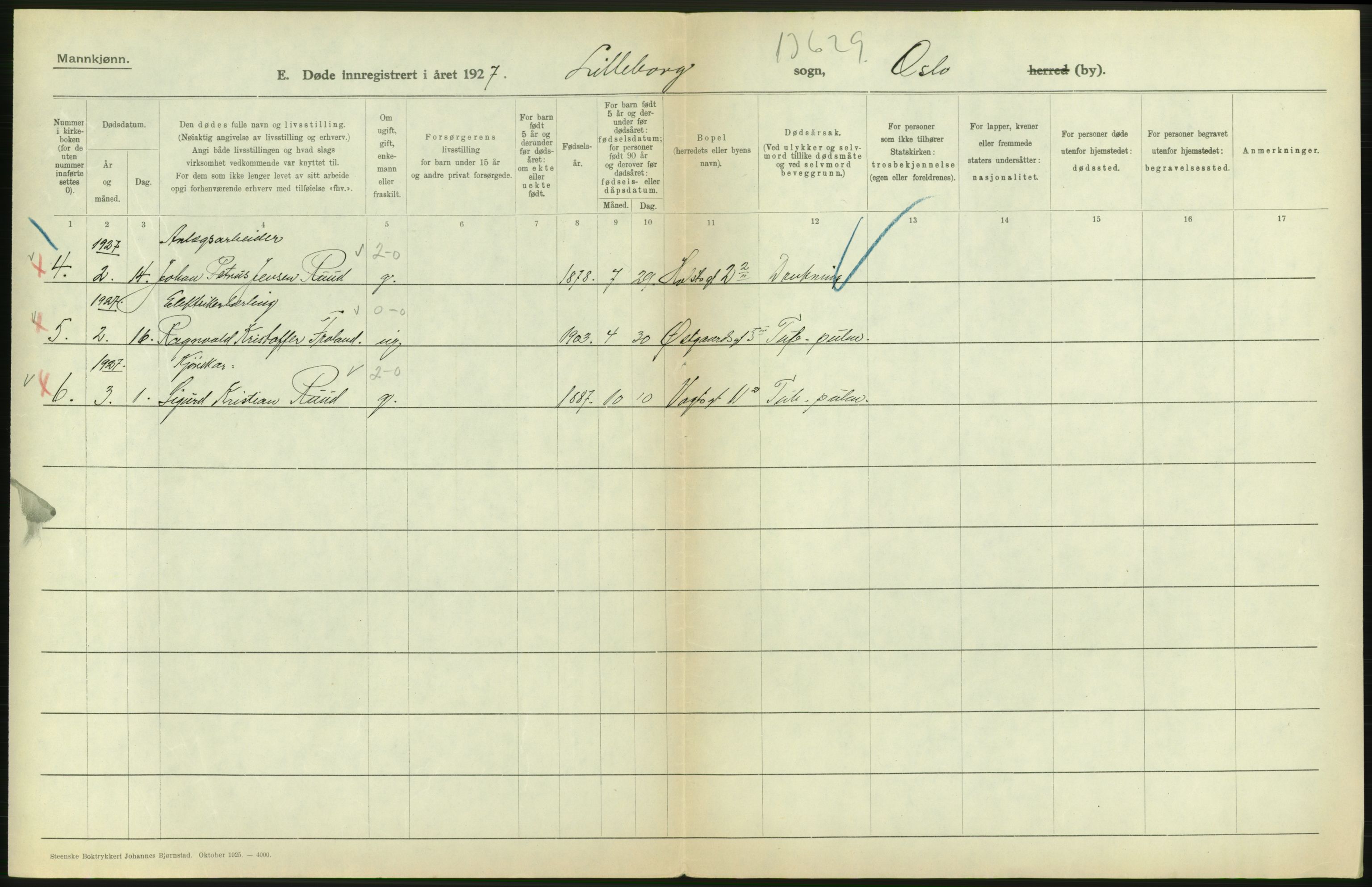 Statistisk sentralbyrå, Sosiodemografiske emner, Befolkning, AV/RA-S-2228/D/Df/Dfc/Dfcg/L0009: Oslo: Døde menn, 1927, s. 280