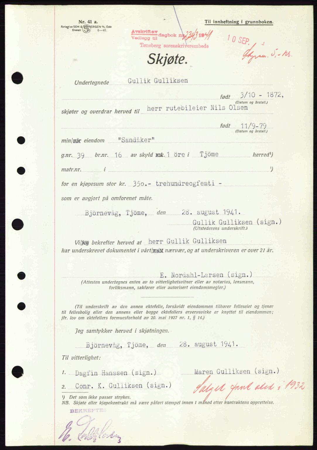 Tønsberg sorenskriveri, AV/SAKO-A-130/G/Ga/Gaa/L0010: Pantebok nr. A10, 1941-1941, Dagboknr: 2343/1941