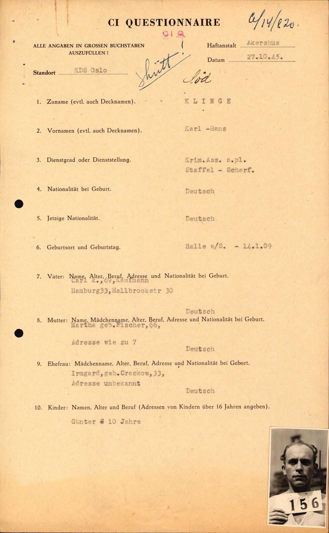 Forsvaret, Forsvarets overkommando II, AV/RA-RAFA-3915/D/Db/L0017: CI Questionaires. Tyske okkupasjonsstyrker i Norge. Tyskere., 1945-1946, s. 38