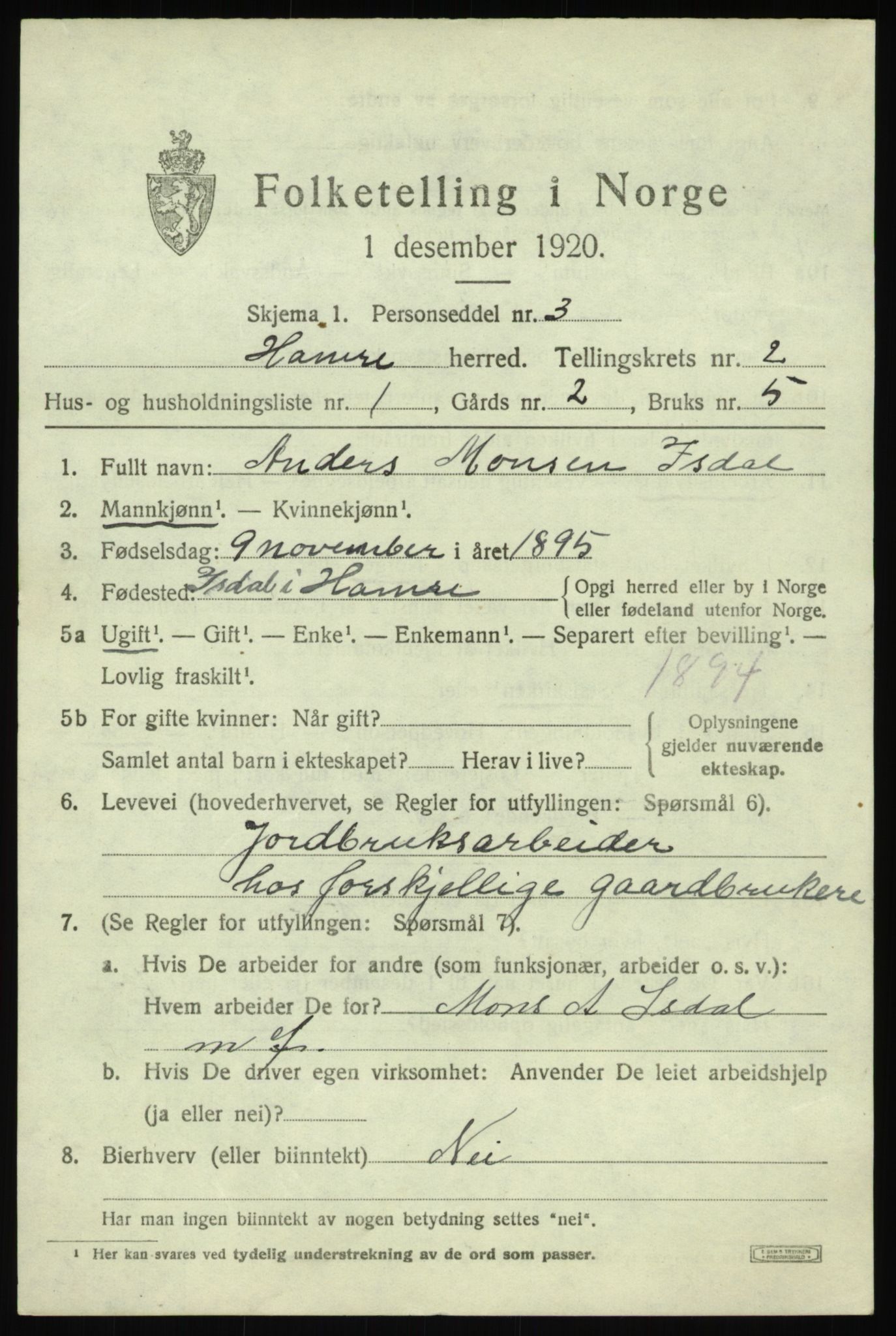 SAB, Folketelling 1920 for 1254 Hamre herred, 1920, s. 1267
