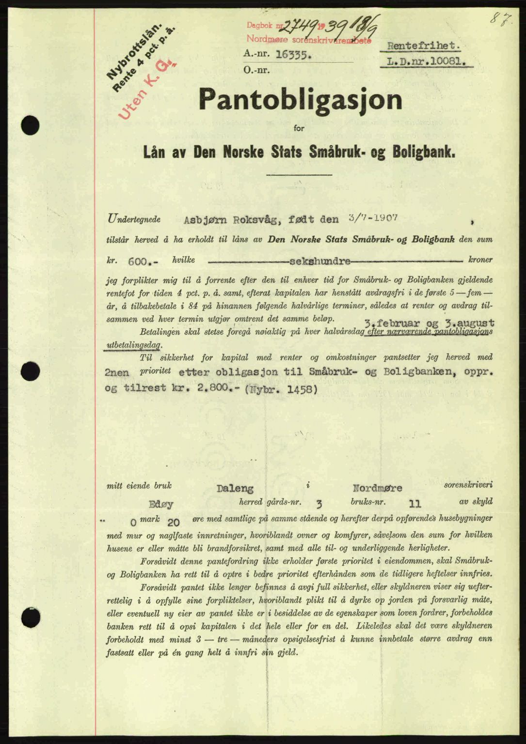 Nordmøre sorenskriveri, AV/SAT-A-4132/1/2/2Ca: Pantebok nr. B86, 1939-1940, Dagboknr: 2749/1939