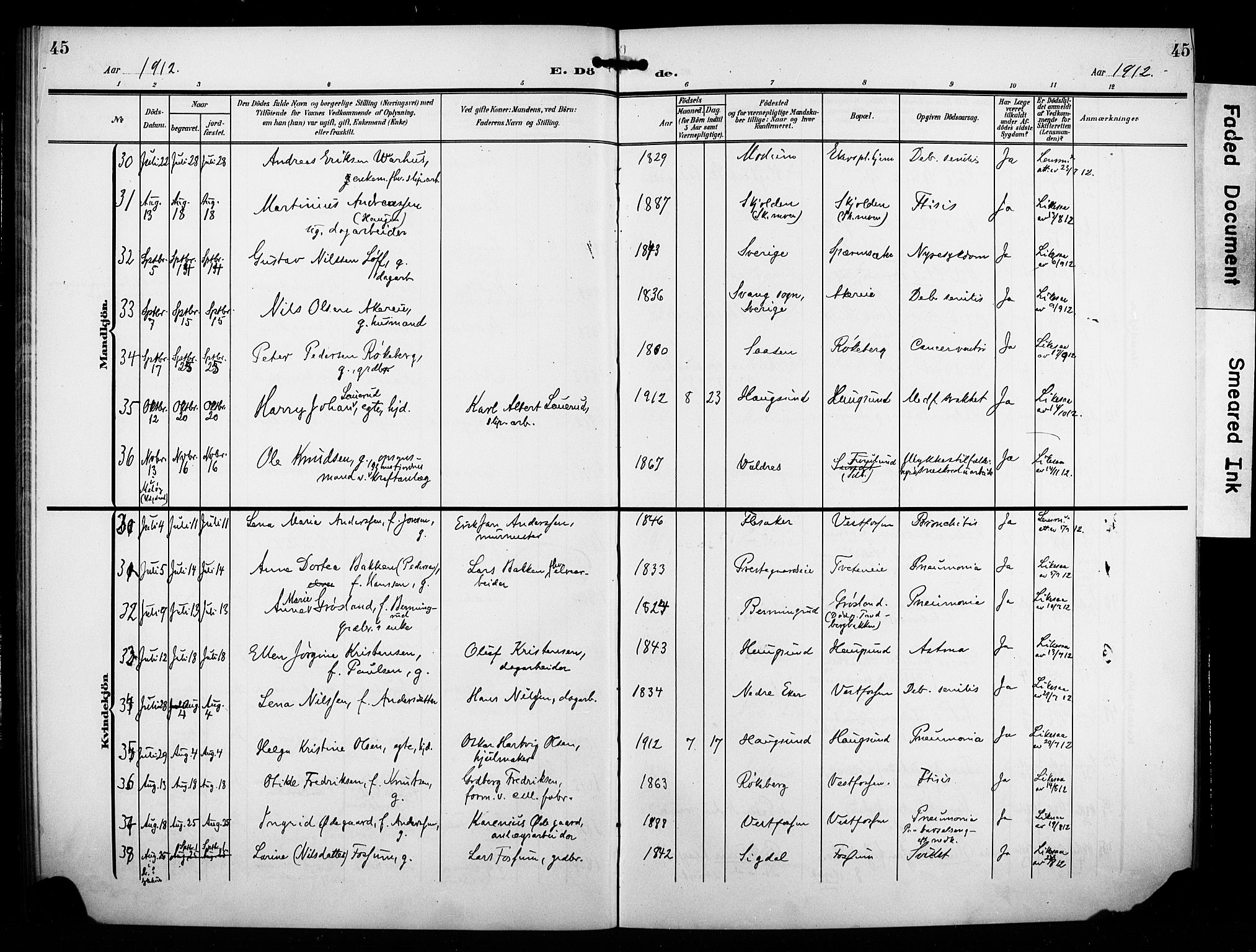 Eiker kirkebøker, AV/SAKO-A-4/F/Fb/L0004: Ministerialbok nr. II 4, 1905-1914, s. 45