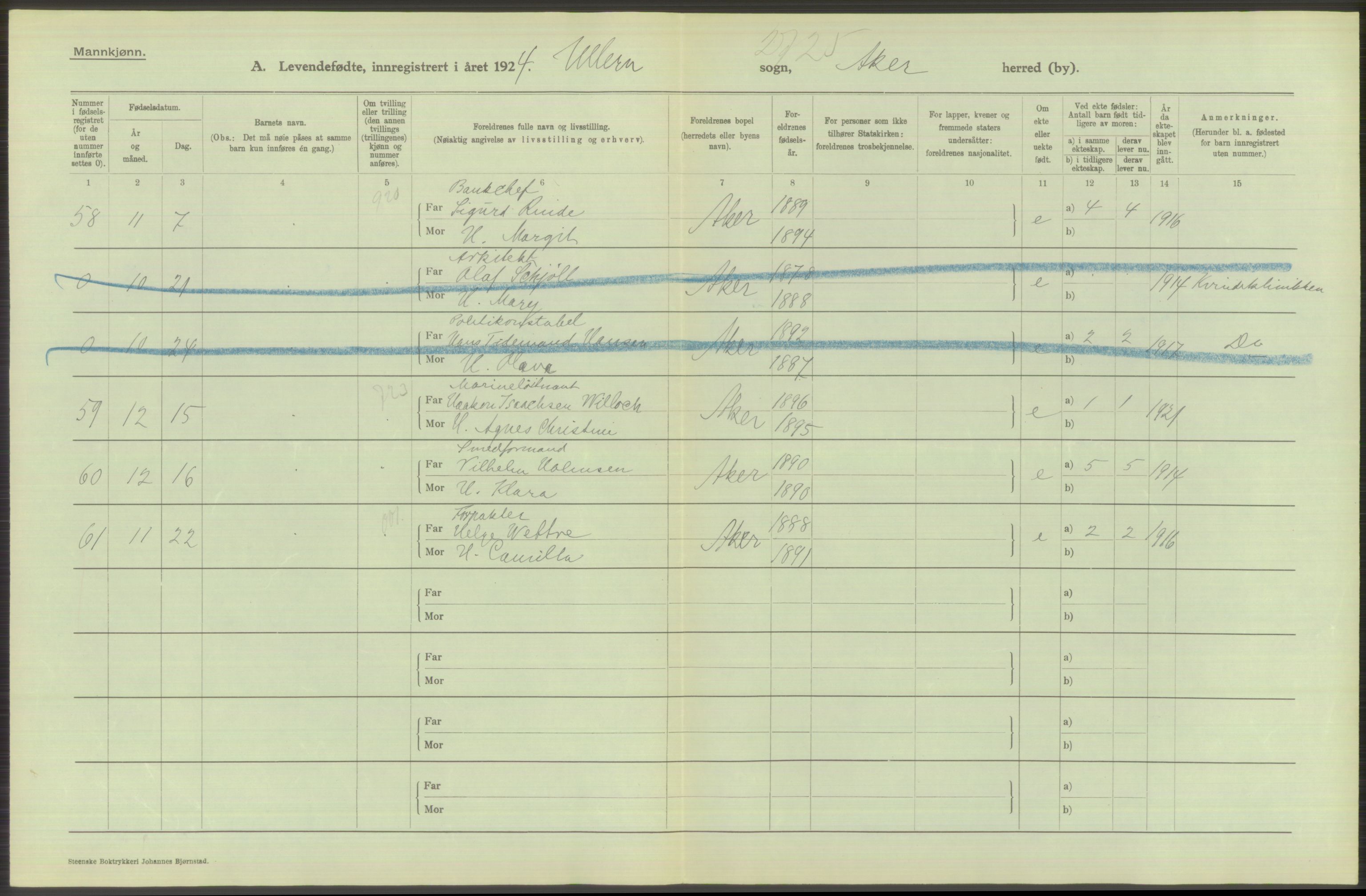 Statistisk sentralbyrå, Sosiodemografiske emner, Befolkning, AV/RA-S-2228/D/Df/Dfc/Dfcd/L0003: Akershus fylke: Levendefødte menn og kvinner. Bygder og byer., 1924, s. 216