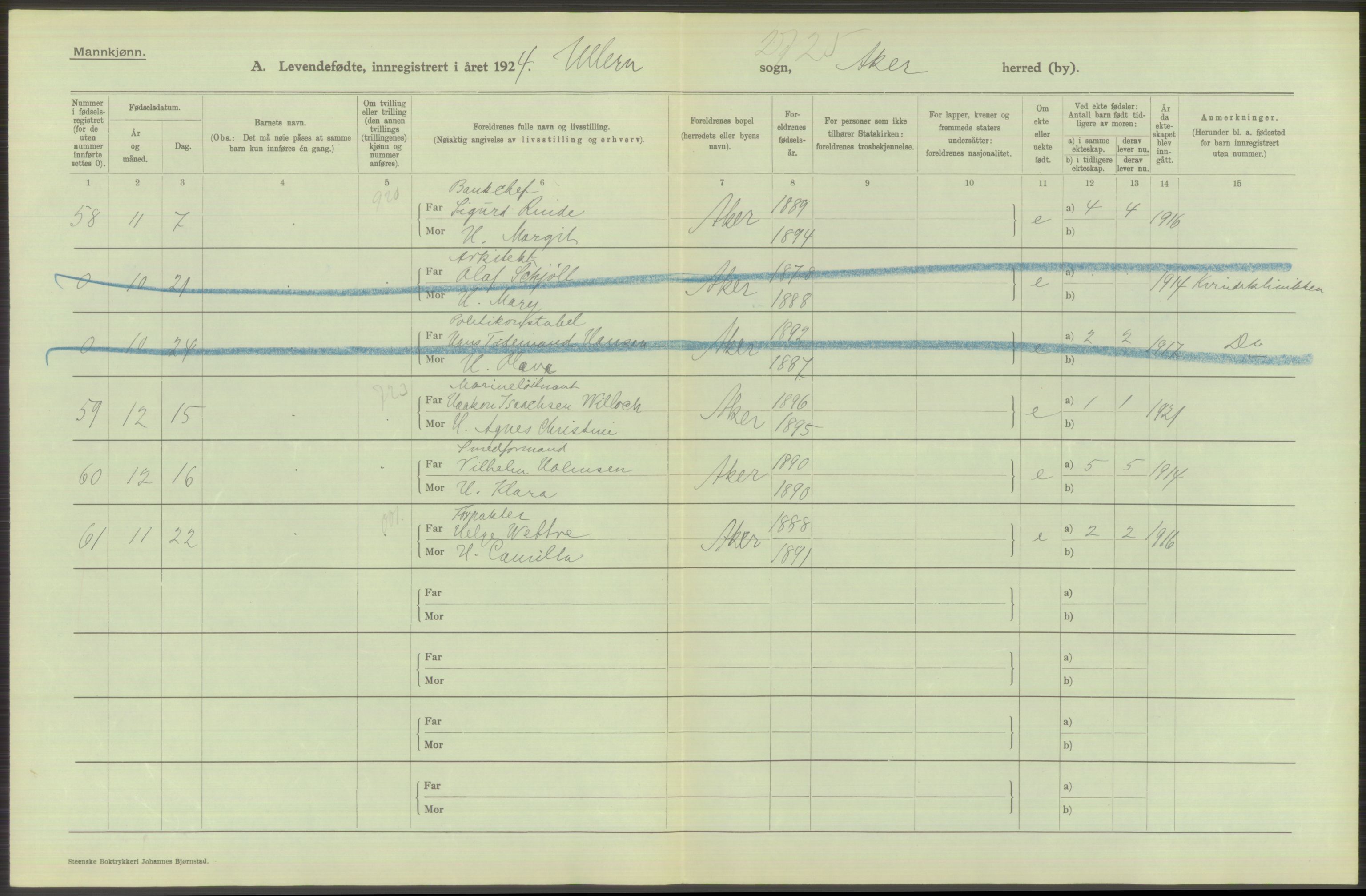 Statistisk sentralbyrå, Sosiodemografiske emner, Befolkning, RA/S-2228/D/Df/Dfc/Dfcd/L0003: Akershus fylke: Levendefødte menn og kvinner. Bygder og byer., 1924, s. 216