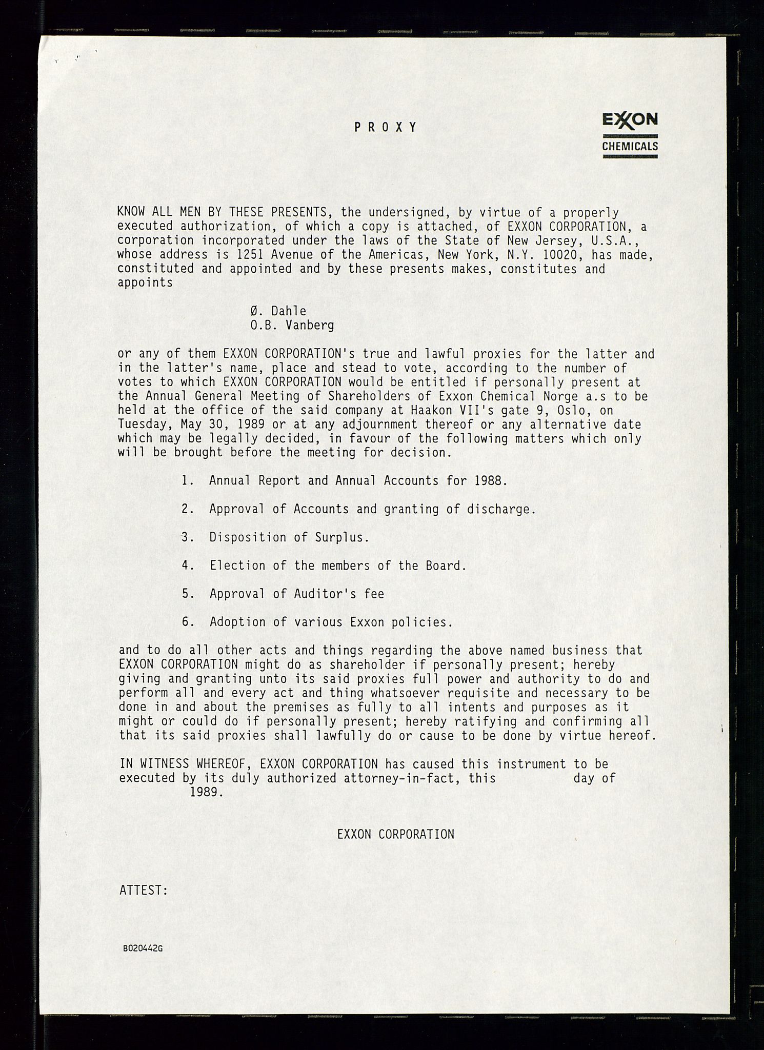 PA 1538 - Exxon Chemical Norge A/S, AV/SAST-A-101958/A/Aa/L0002/0002: Styredokumenter / Generalforsamling, styremøter, halvårsrapporter, 1989