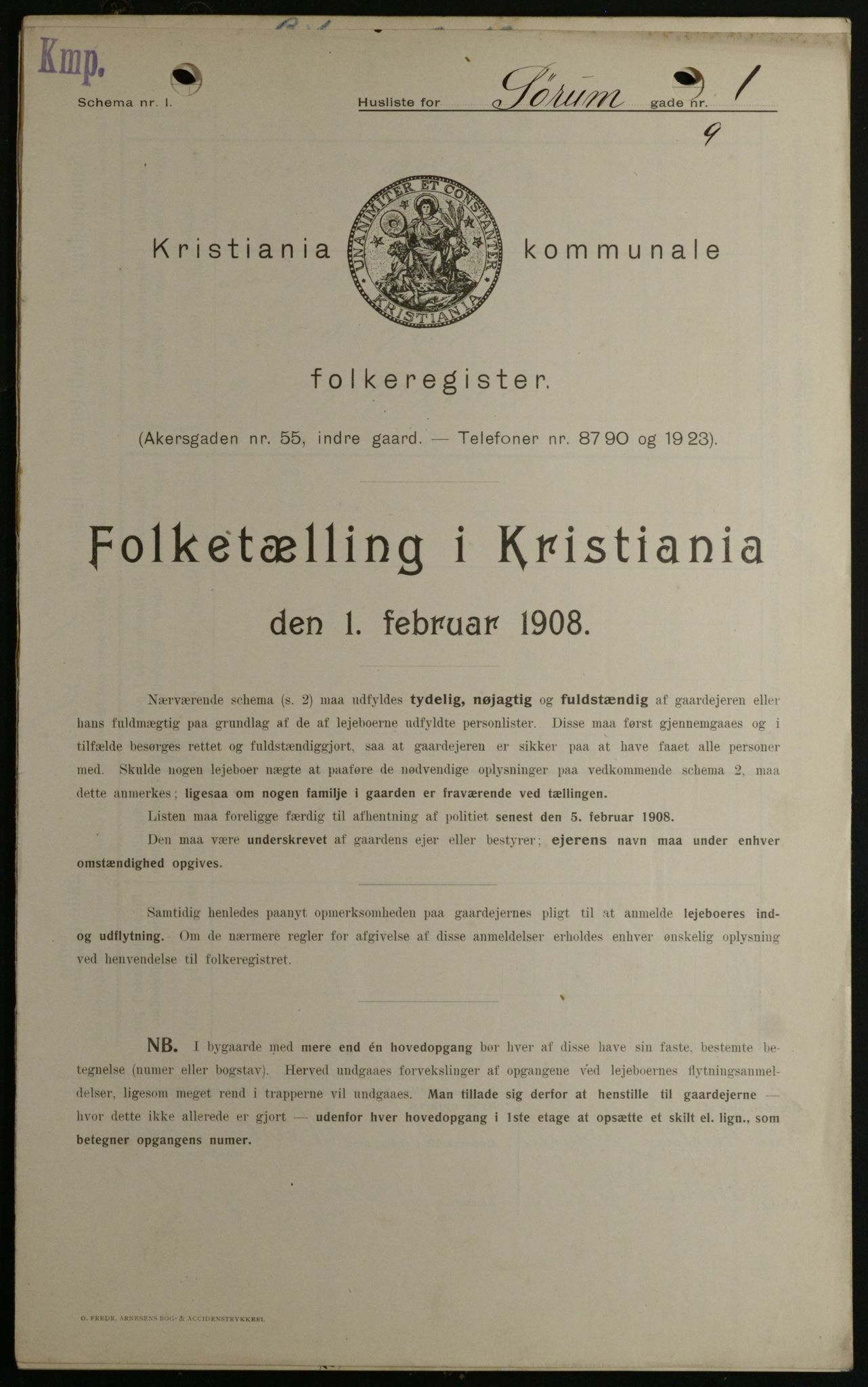 OBA, Kommunal folketelling 1.2.1908 for Kristiania kjøpstad, 1908, s. 96055