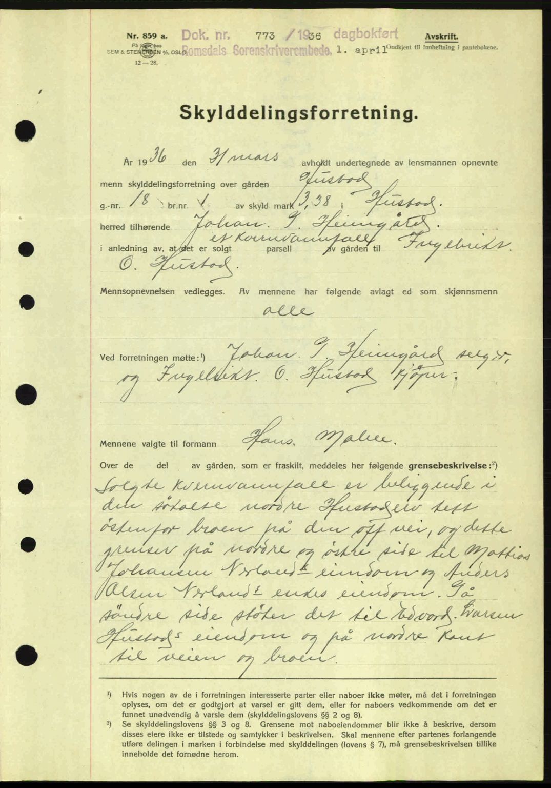 Romsdal sorenskriveri, SAT/A-4149/1/2/2C: Pantebok nr. A1, 1936-1936, Dagboknr: 773/1936