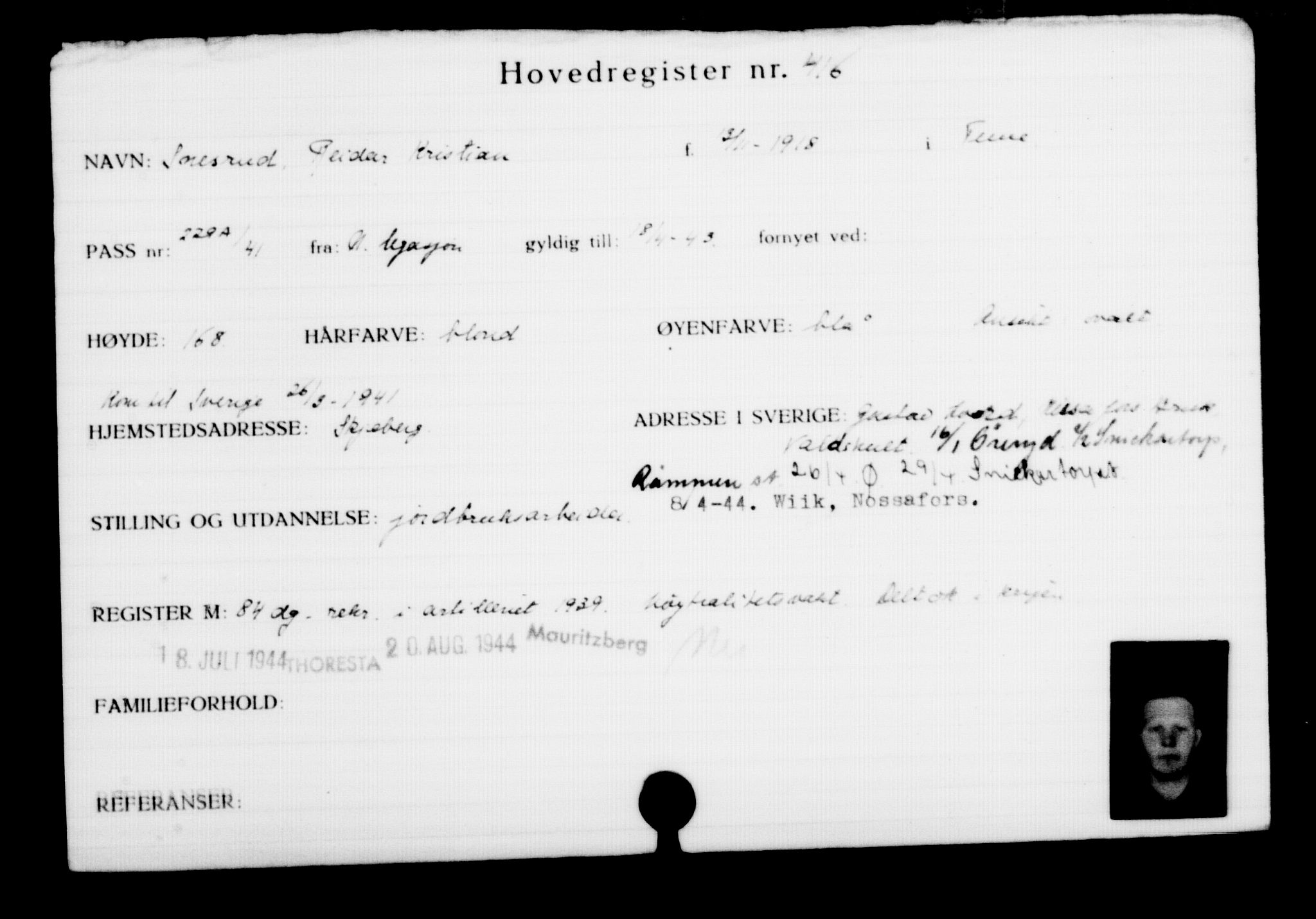 Utenriksstasjonene, Legasjonen i Stockholm, Flyktningkontoret, AV/RA-S-6753/V/Va/L0001: Kjesäterkartoteket, flyktninger med registreringsnr. 1-1000, 1940-1945, s. 652