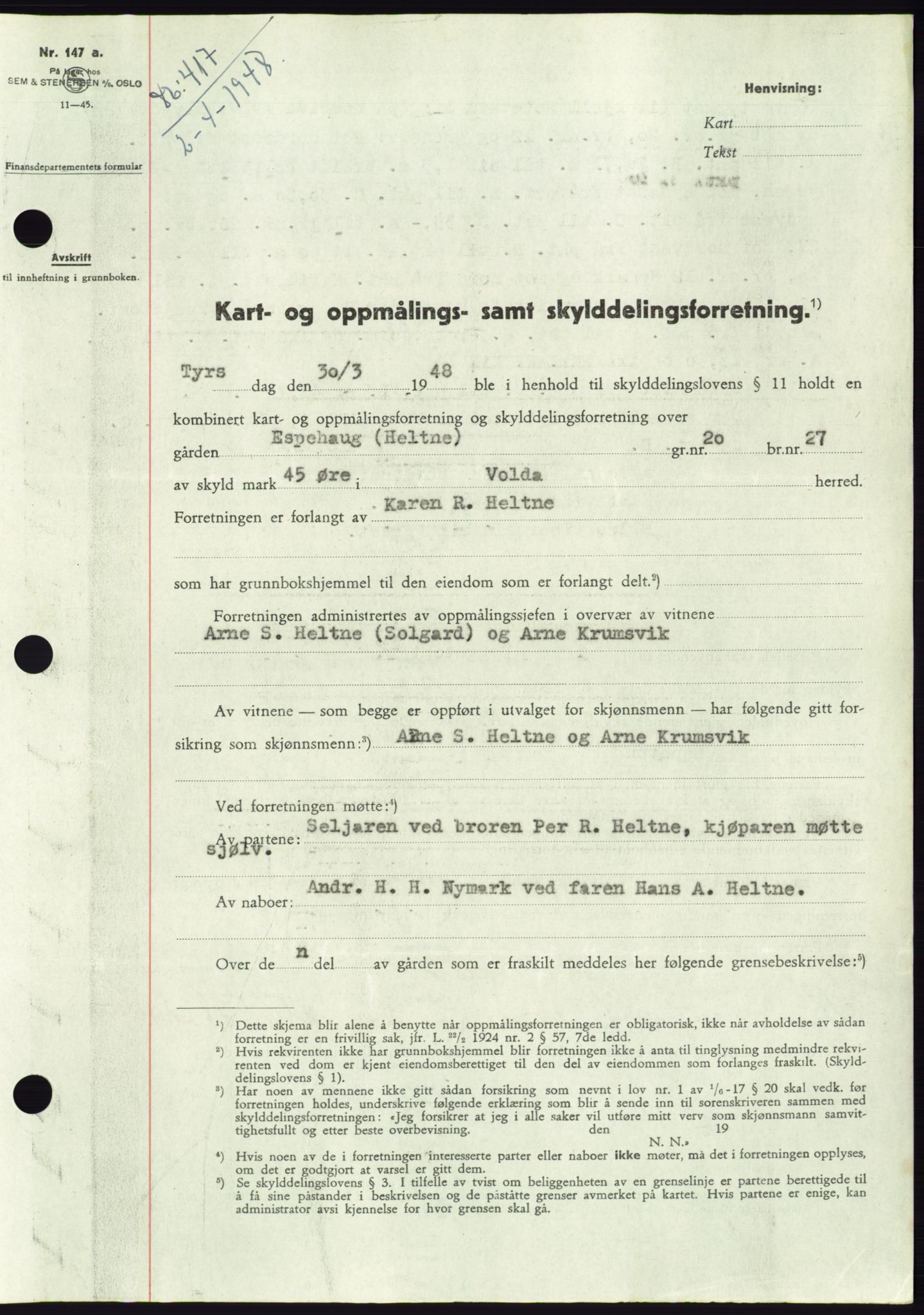 Søre Sunnmøre sorenskriveri, SAT/A-4122/1/2/2C/L0082: Pantebok nr. 8A, 1948-1948, Dagboknr: 417/1948