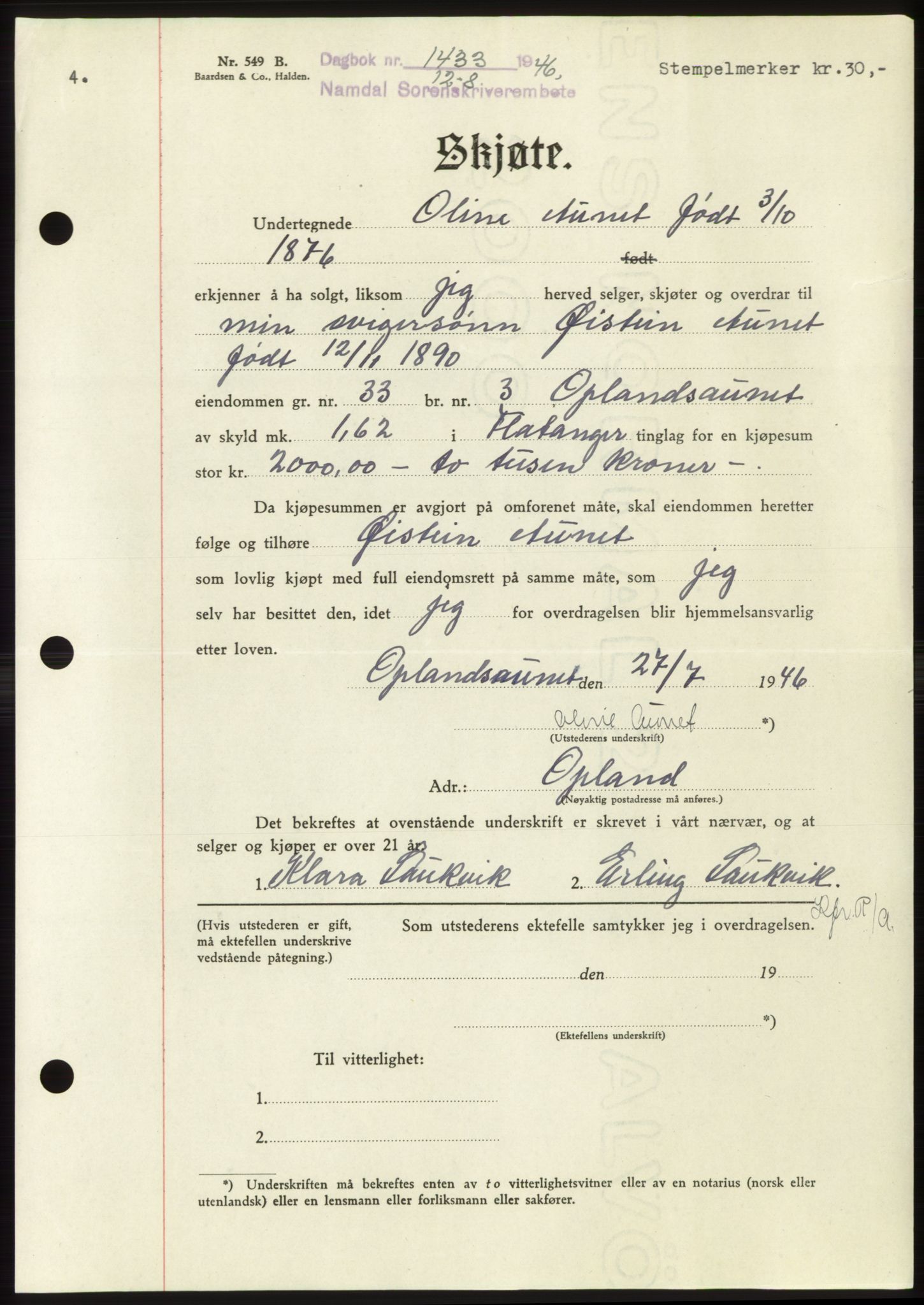 Namdal sorenskriveri, SAT/A-4133/1/2/2C: Pantebok nr. -, 1946-1946, Dagboknr: 1433/1946