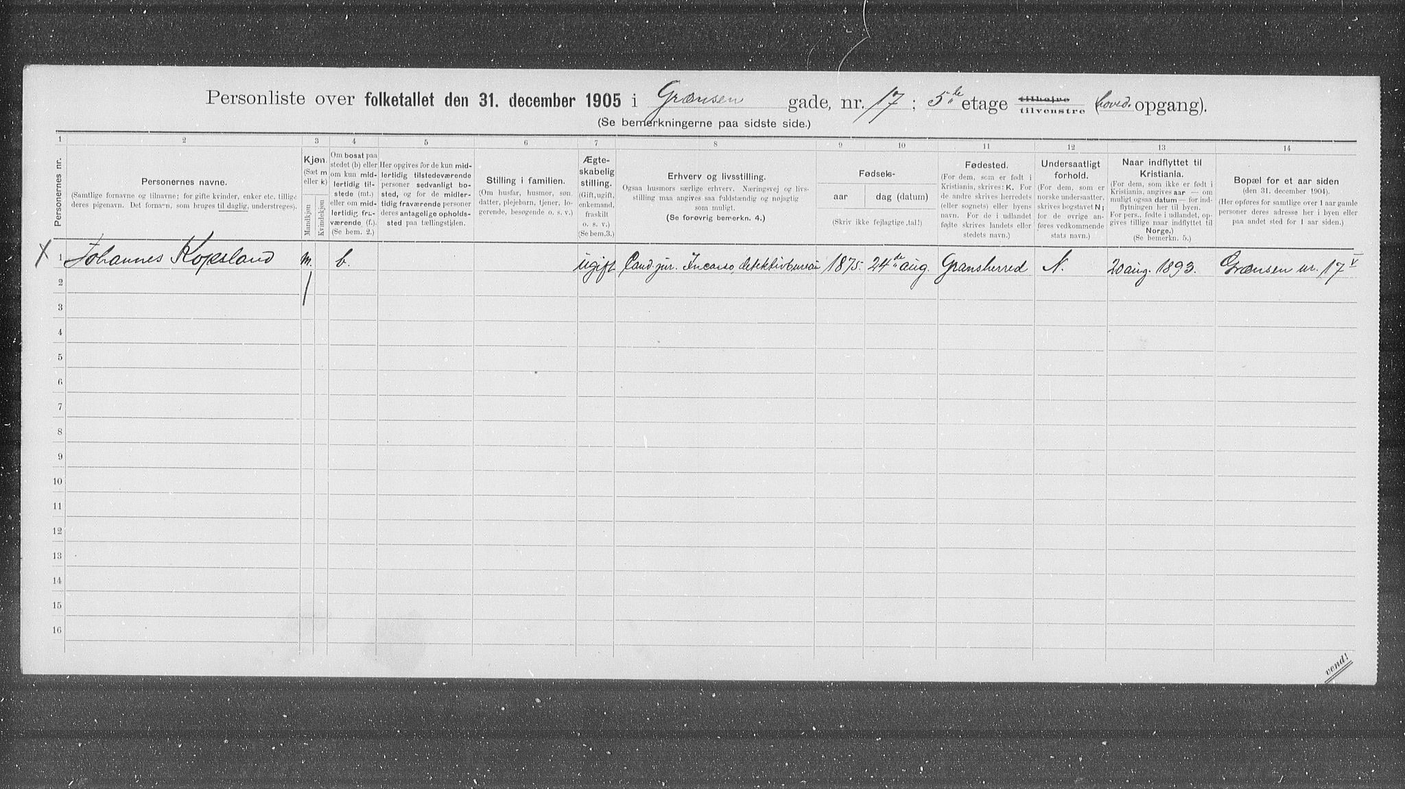OBA, Kommunal folketelling 31.12.1905 for Kristiania kjøpstad, 1905, s. 16231