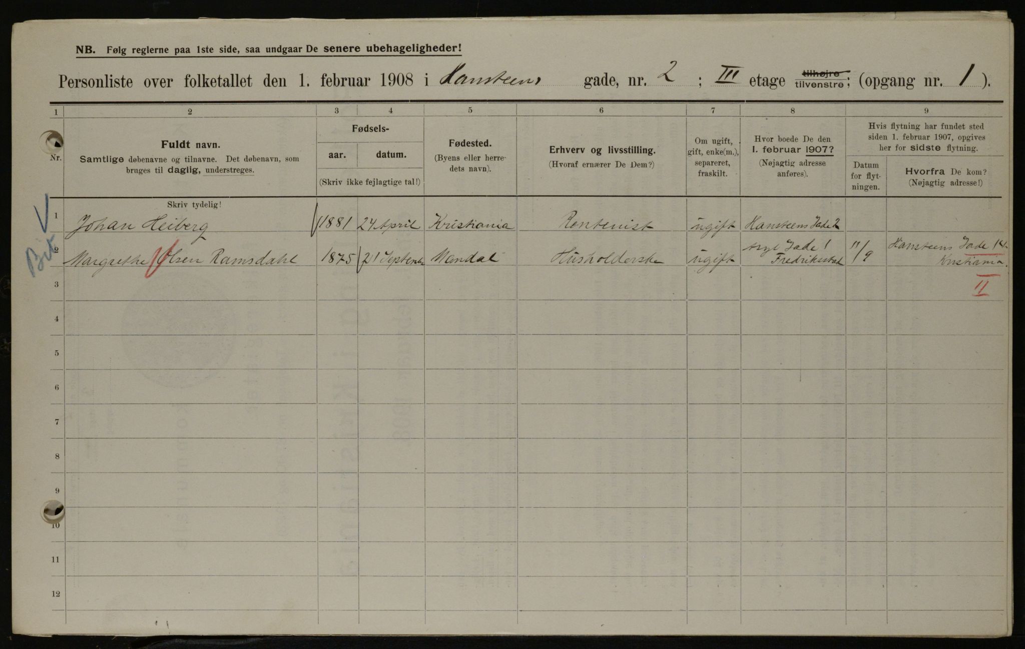 OBA, Kommunal folketelling 1.2.1908 for Kristiania kjøpstad, 1908, s. 31346