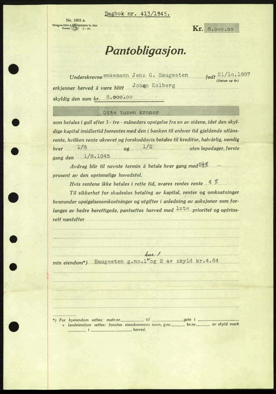 Moss sorenskriveri, SAO/A-10168: Pantebok nr. B13, 1943-1945, Dagboknr: 413/1945