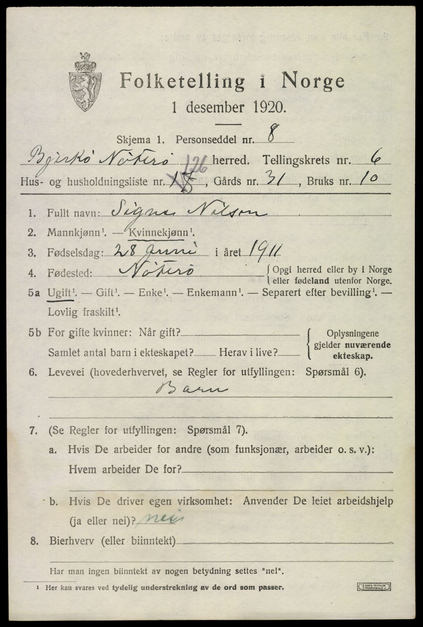 SAKO, Folketelling 1920 for 0722 Nøtterøy herred, 1920, s. 9461
