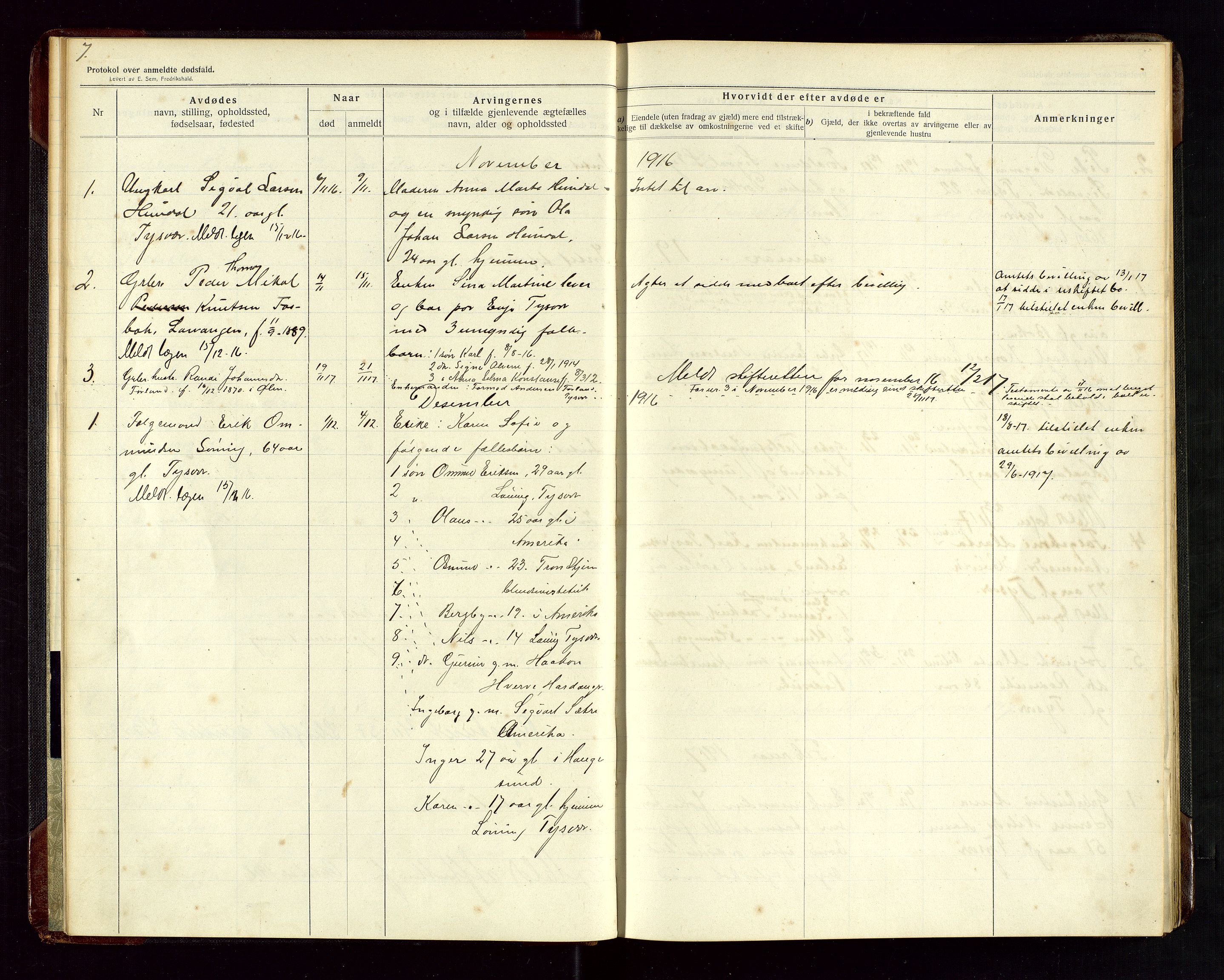 Tysvær lensmannskontor, AV/SAST-A-100192/Gga/L0003: "Protokol over anmeldte dødsfald i Tysvær" med register, 1916-1926, s. 7