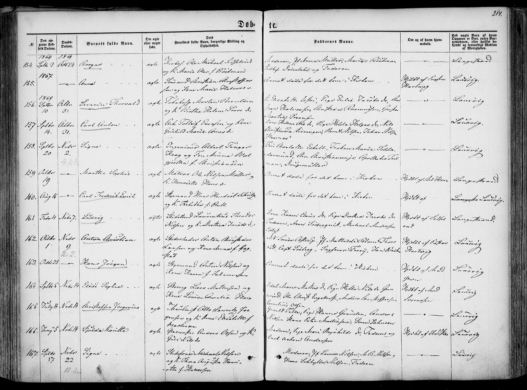 Larvik kirkebøker, AV/SAKO-A-352/F/Fa/L0004: Ministerialbok nr. I 4, 1856-1870, s. 214