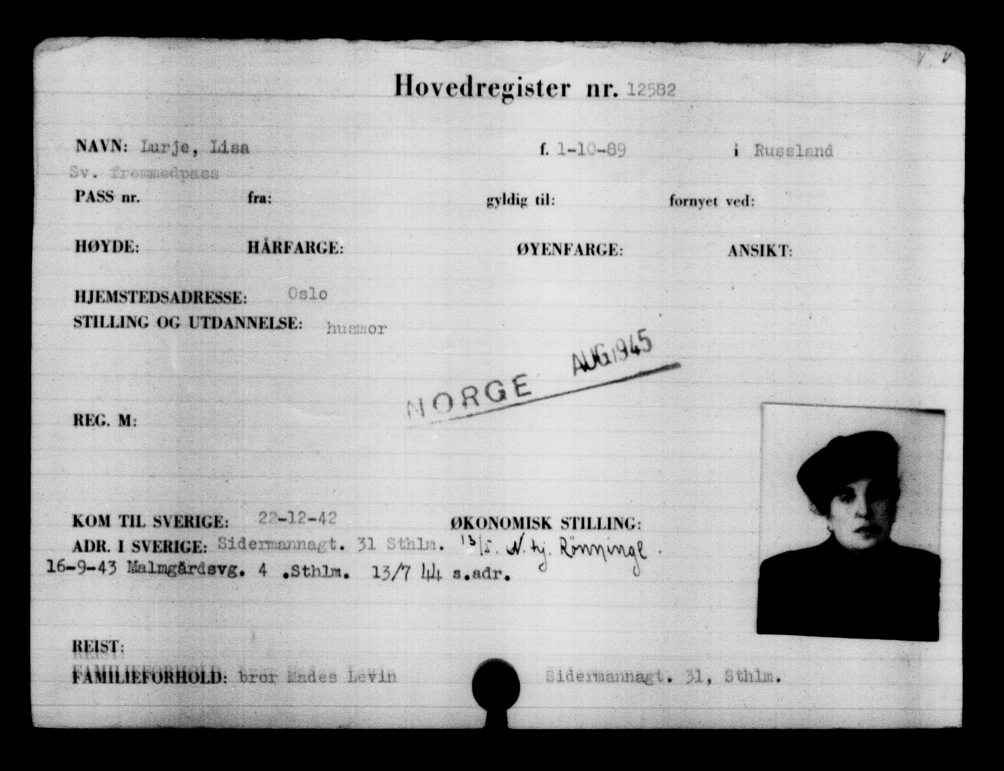 Utenriksstasjonene, Legasjonen i Stockholm, Flyktningkontoret, AV/RA-S-6753/V/Va/L0006: Kjesäterkartoteket, flyktninger med registreringsnr. 9400-12711, 1940-1945, s. 3620