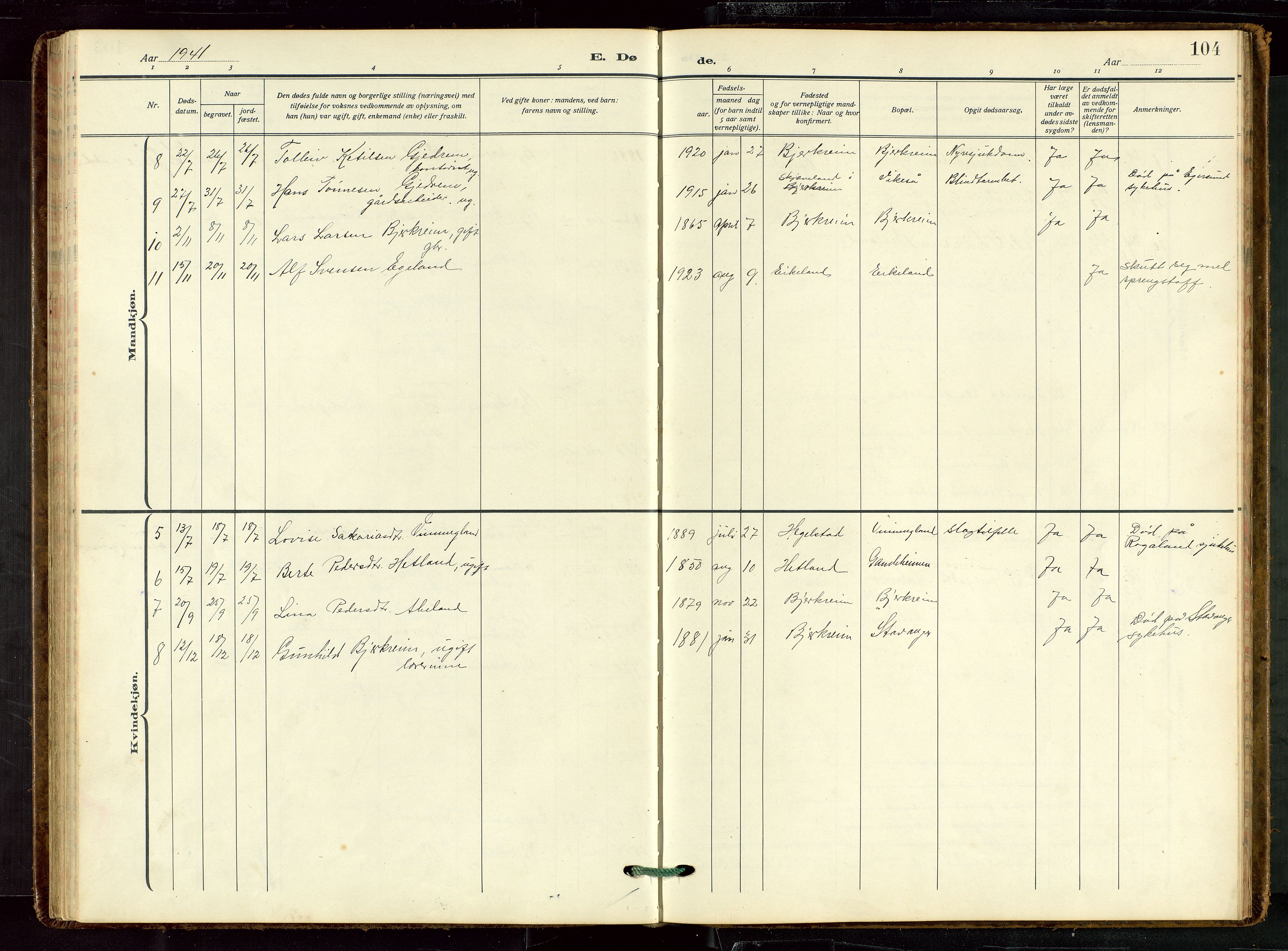 Helleland sokneprestkontor, AV/SAST-A-101810: Klokkerbok nr. B 7, 1923-1945, s. 104