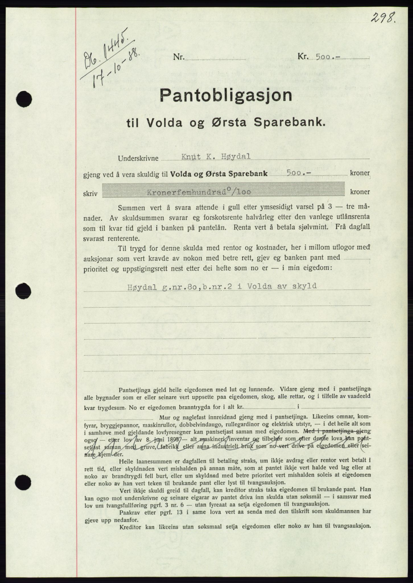 Søre Sunnmøre sorenskriveri, AV/SAT-A-4122/1/2/2C/L0066: Pantebok nr. 60, 1938-1938, Dagboknr: 1445/1938