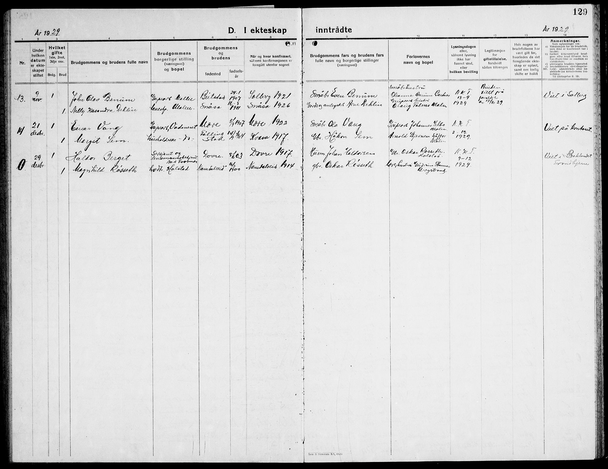 Ministerialprotokoller, klokkerbøker og fødselsregistre - Nord-Trøndelag, SAT/A-1458/741/L0403: Klokkerbok nr. 741C04, 1925-1944, s. 129