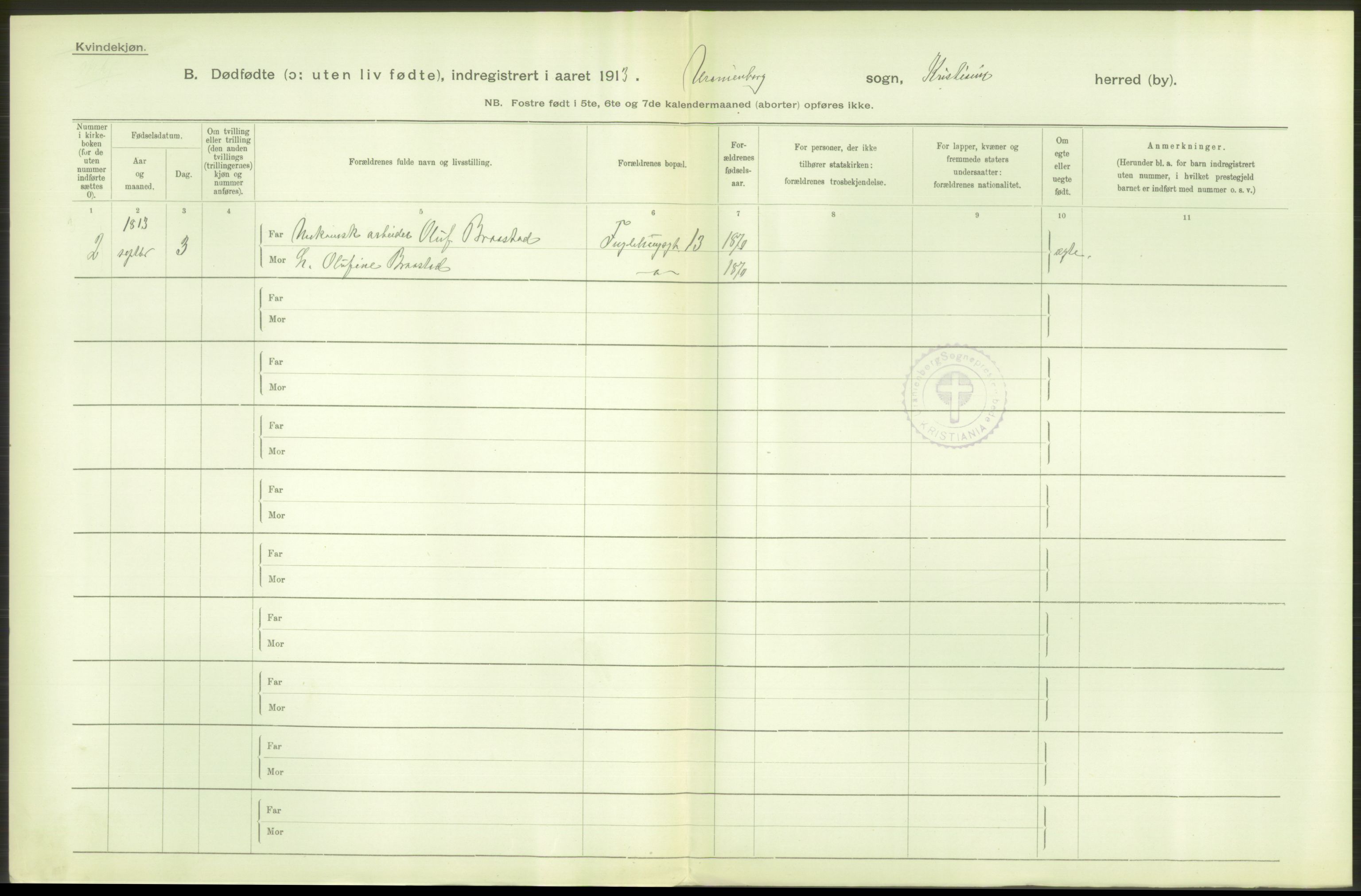 Statistisk sentralbyrå, Sosiodemografiske emner, Befolkning, RA/S-2228/D/Df/Dfb/Dfbc/L0010: Kristiania: Døde, dødfødte., 1913, s. 82