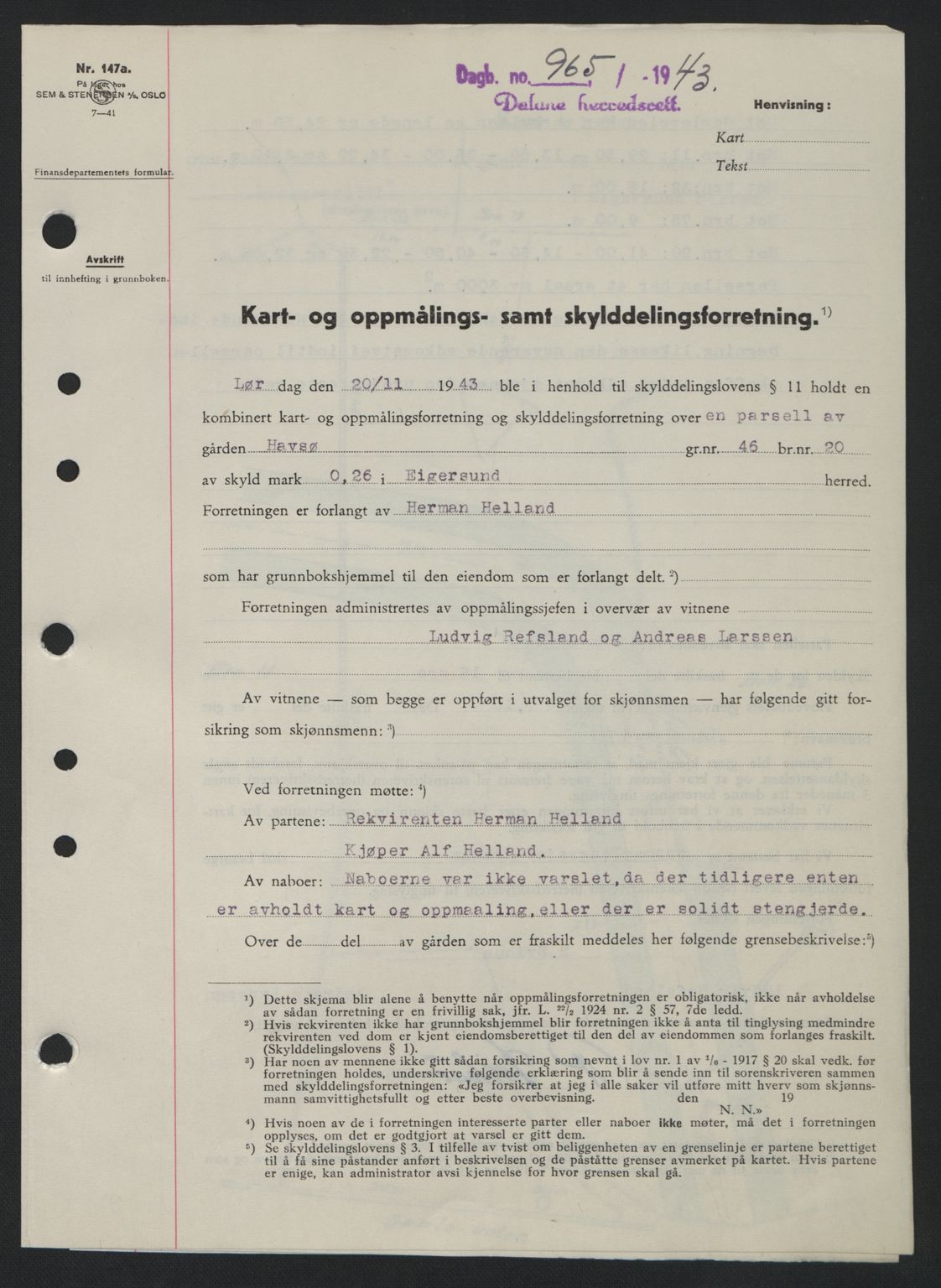 Dalane sorenskriveri, SAST/A-100309/02/G/Gb/L0046: Pantebok nr. A7, 1942-1943, Dagboknr: 965/1943