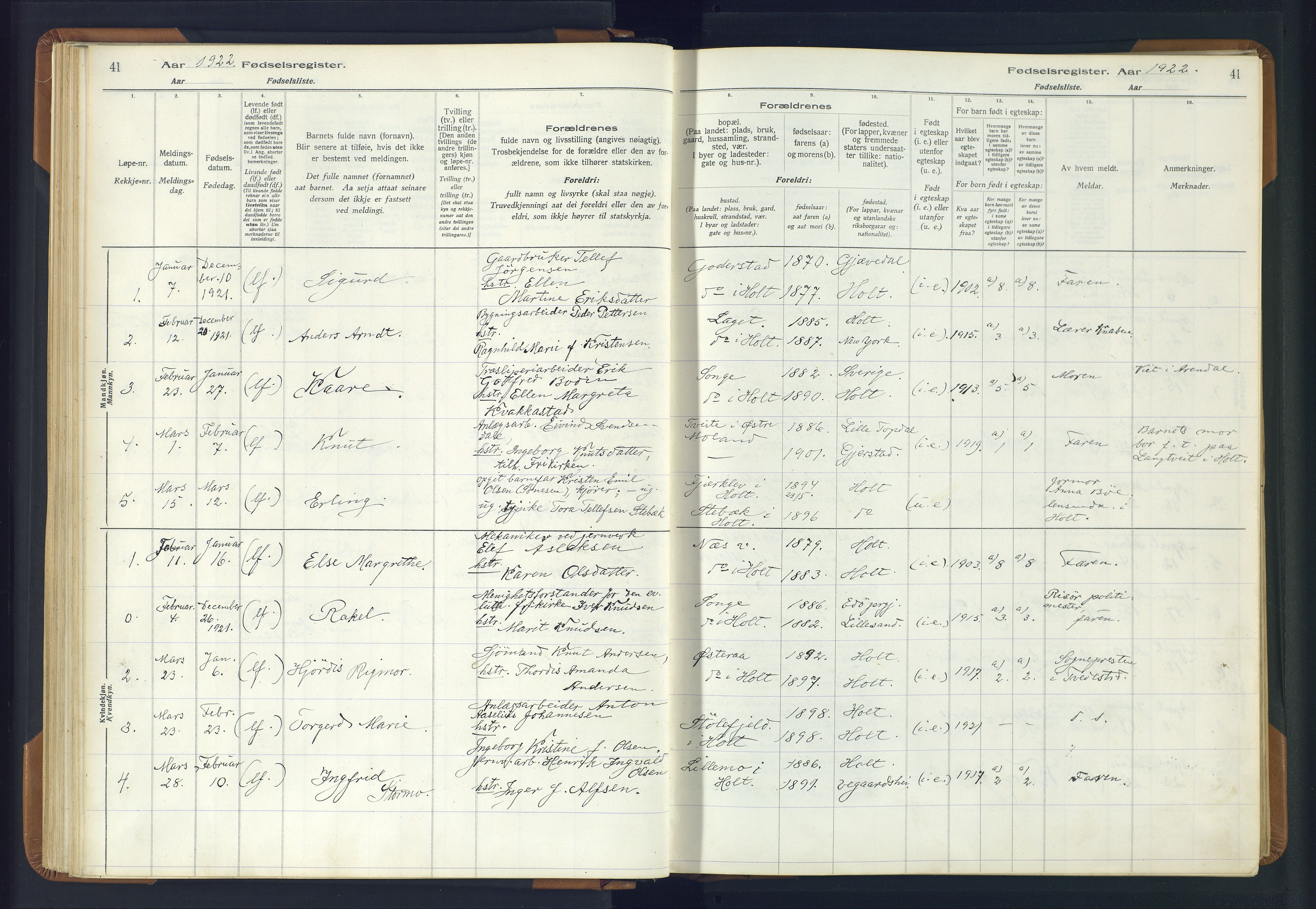 Holt sokneprestkontor, AV/SAK-1111-0021/J/Ja/L0001: Fødselsregister nr. II.4.1, 1916-1946, s. 41