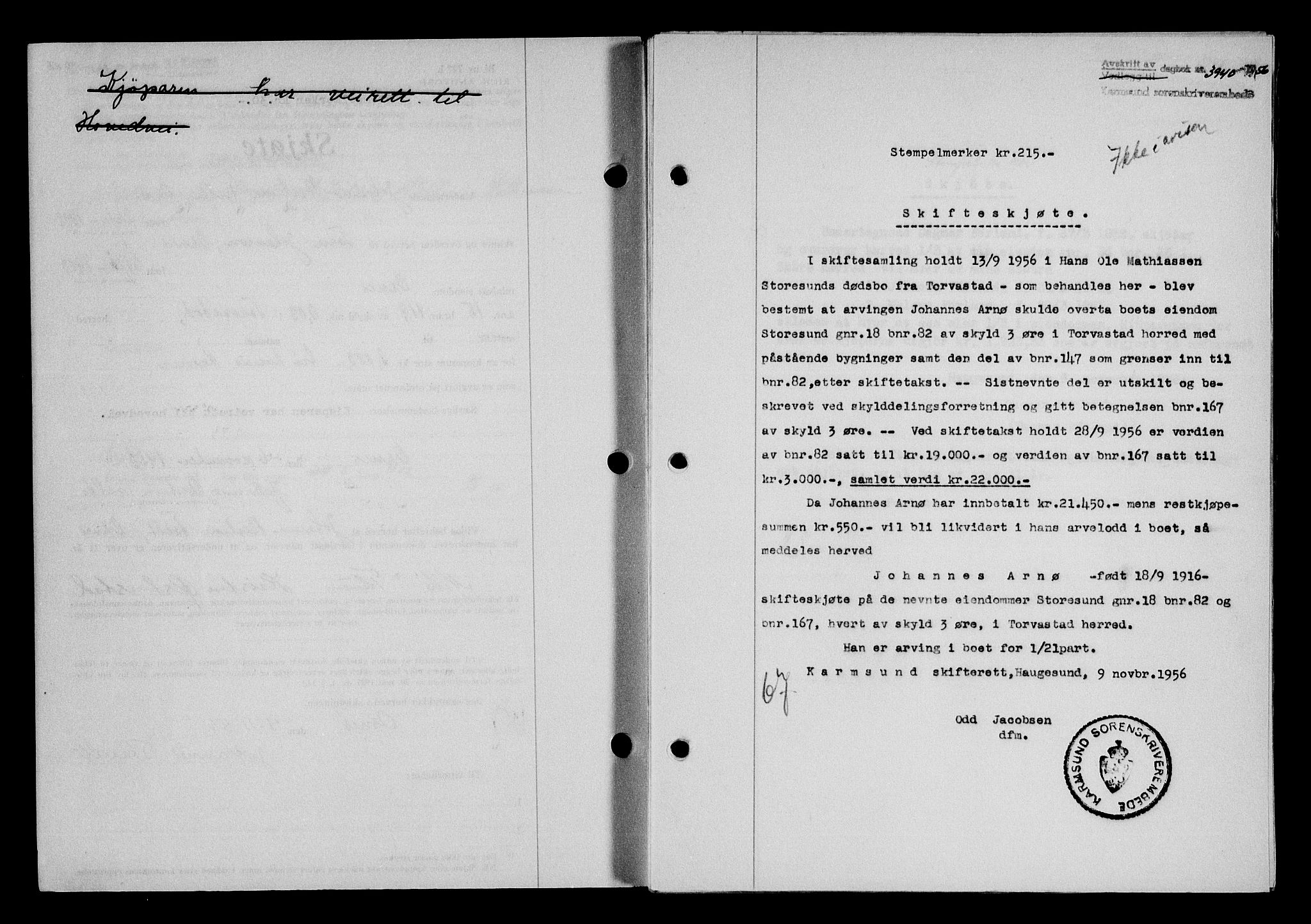 Karmsund sorenskriveri, SAST/A-100311/01/II/IIB/L0122: Pantebok nr. 102A, 1956-1956, Dagboknr: 3940/1956