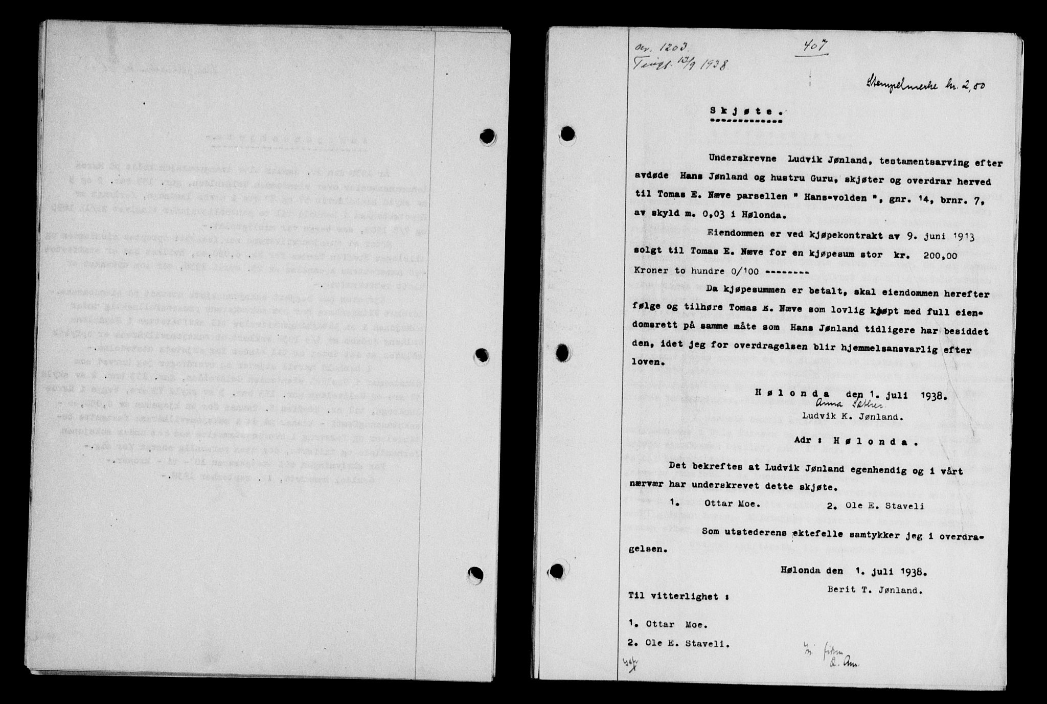 Gauldal sorenskriveri, SAT/A-0014/1/2/2C/L0049: Pantebok nr. 53, 1938-1938, Dagboknr: 1203/1938