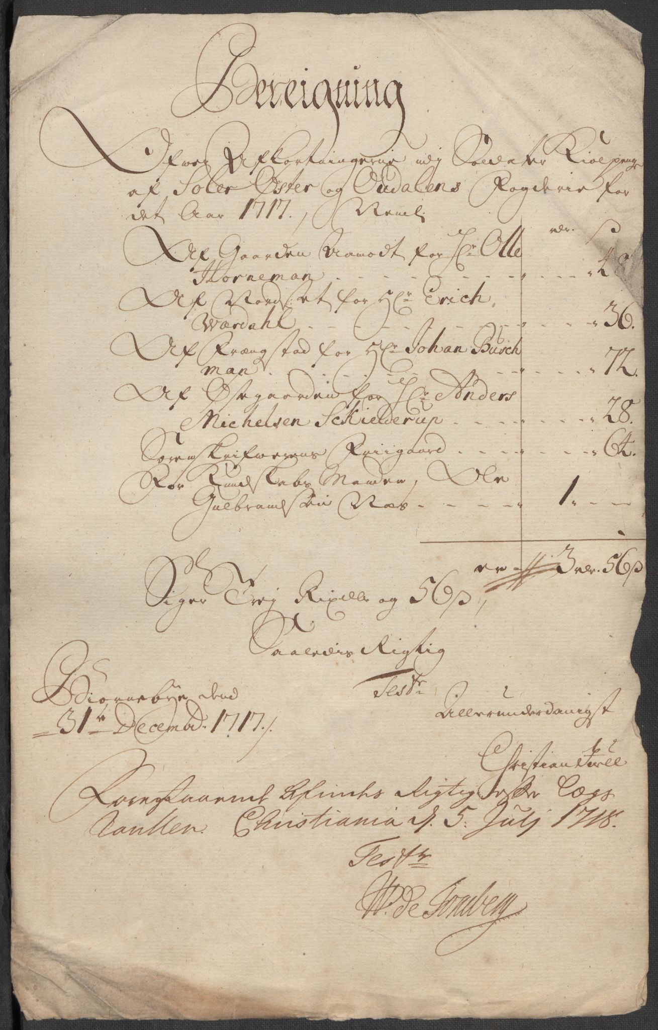 Rentekammeret inntil 1814, Reviderte regnskaper, Fogderegnskap, AV/RA-EA-4092/R13/L0856: Fogderegnskap Solør, Odal og Østerdal, 1717, s. 341