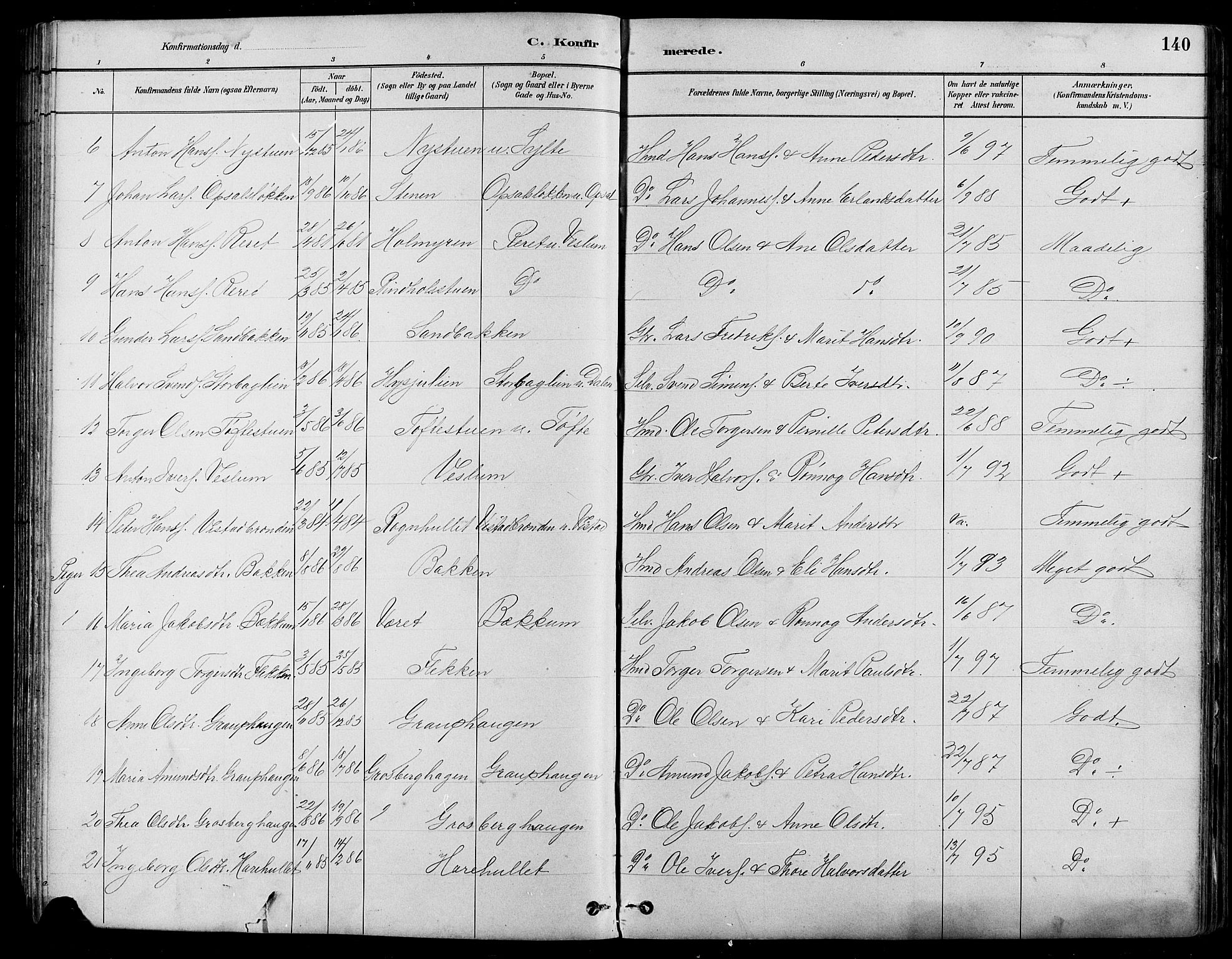 Nord-Fron prestekontor, SAH/PREST-080/H/Ha/Hab/L0005: Klokkerbok nr. 5, 1884-1914, s. 140