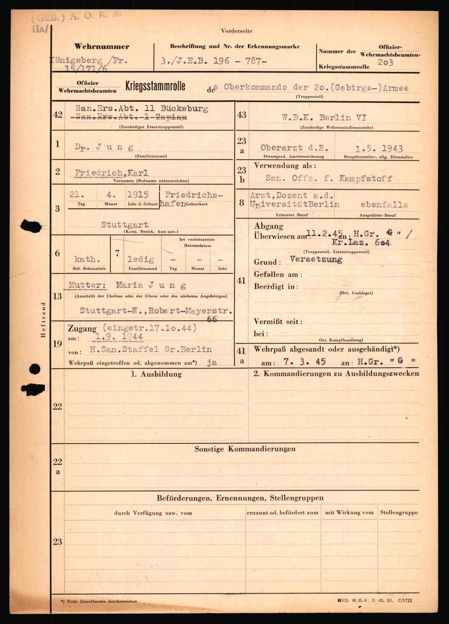 Forsvarets Overkommando. 2 kontor. Arkiv 11.4. Spredte tyske arkivsaker, AV/RA-RAFA-7031/D/Dar/Dara/L0018: Personalbøker, 1940-1945, s. 813