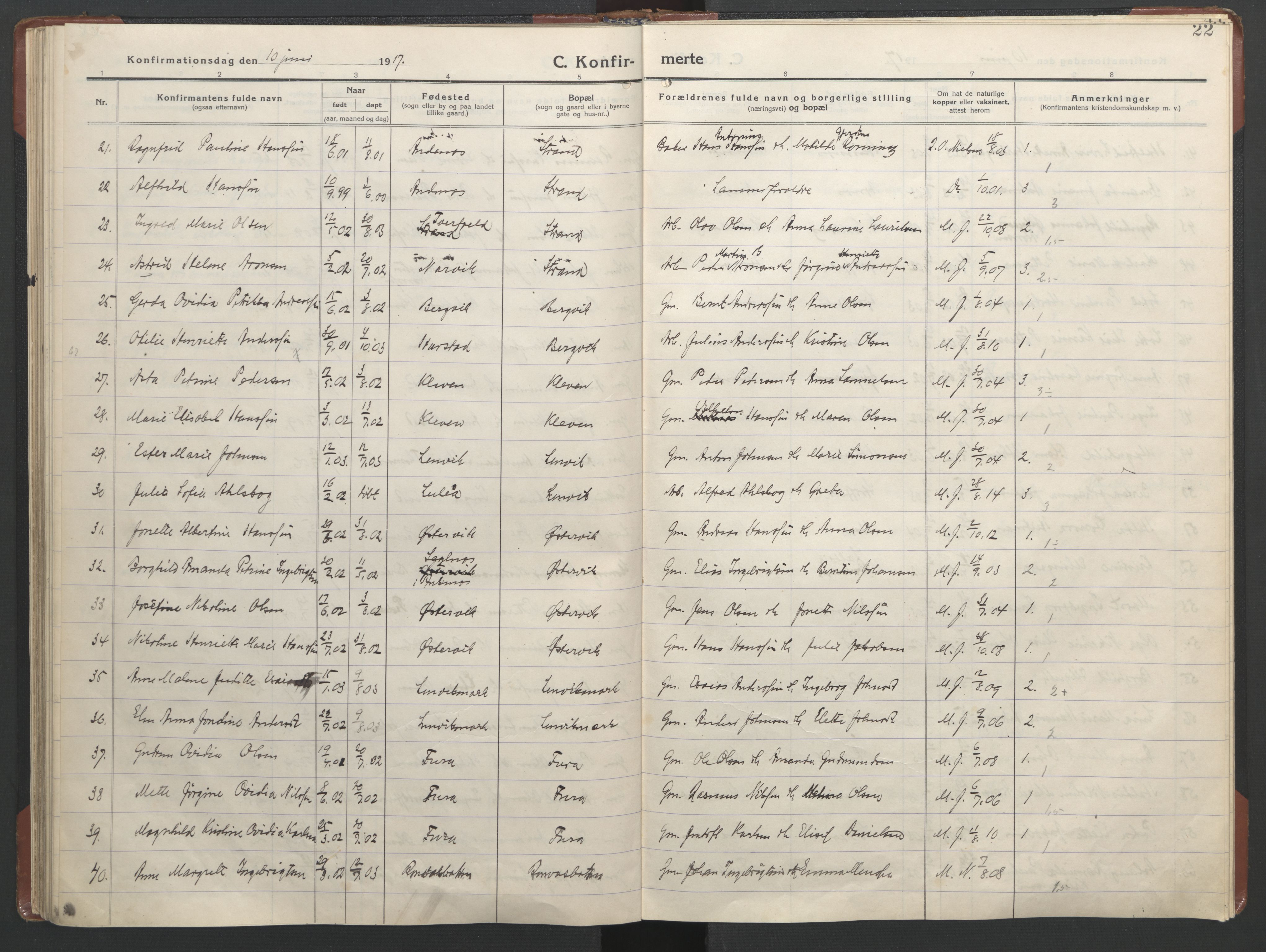 Ministerialprotokoller, klokkerbøker og fødselsregistre - Nordland, AV/SAT-A-1459/863/L0918: Klokkerbok nr. 863C08, 1906-1921, s. 22