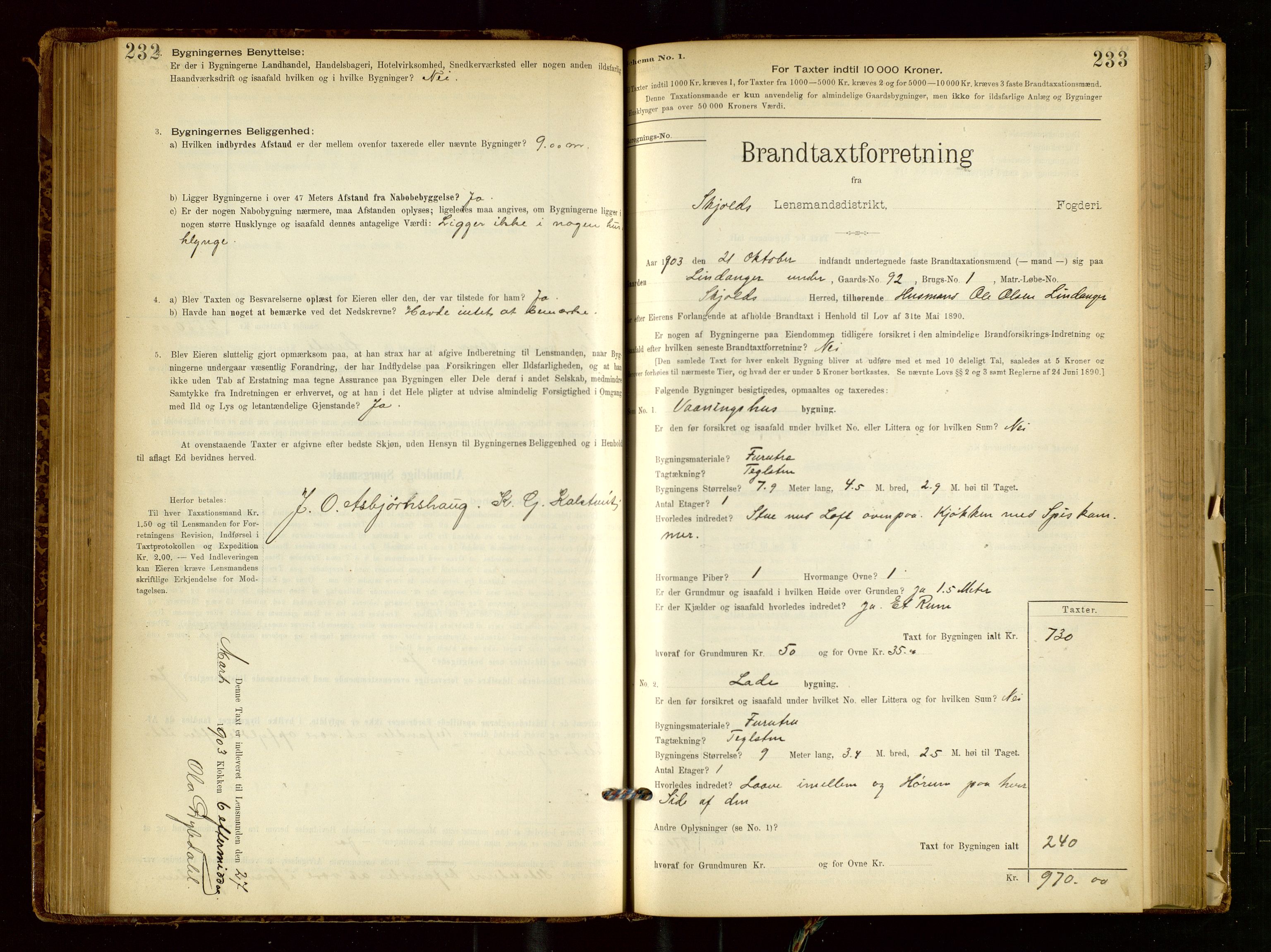 Skjold lensmannskontor, AV/SAST-A-100182/Gob/L0001: "Brandtaxationsprotokol for Skjold Lensmandsdistrikt Ryfylke Fogderi", 1894-1939, s. 232-233