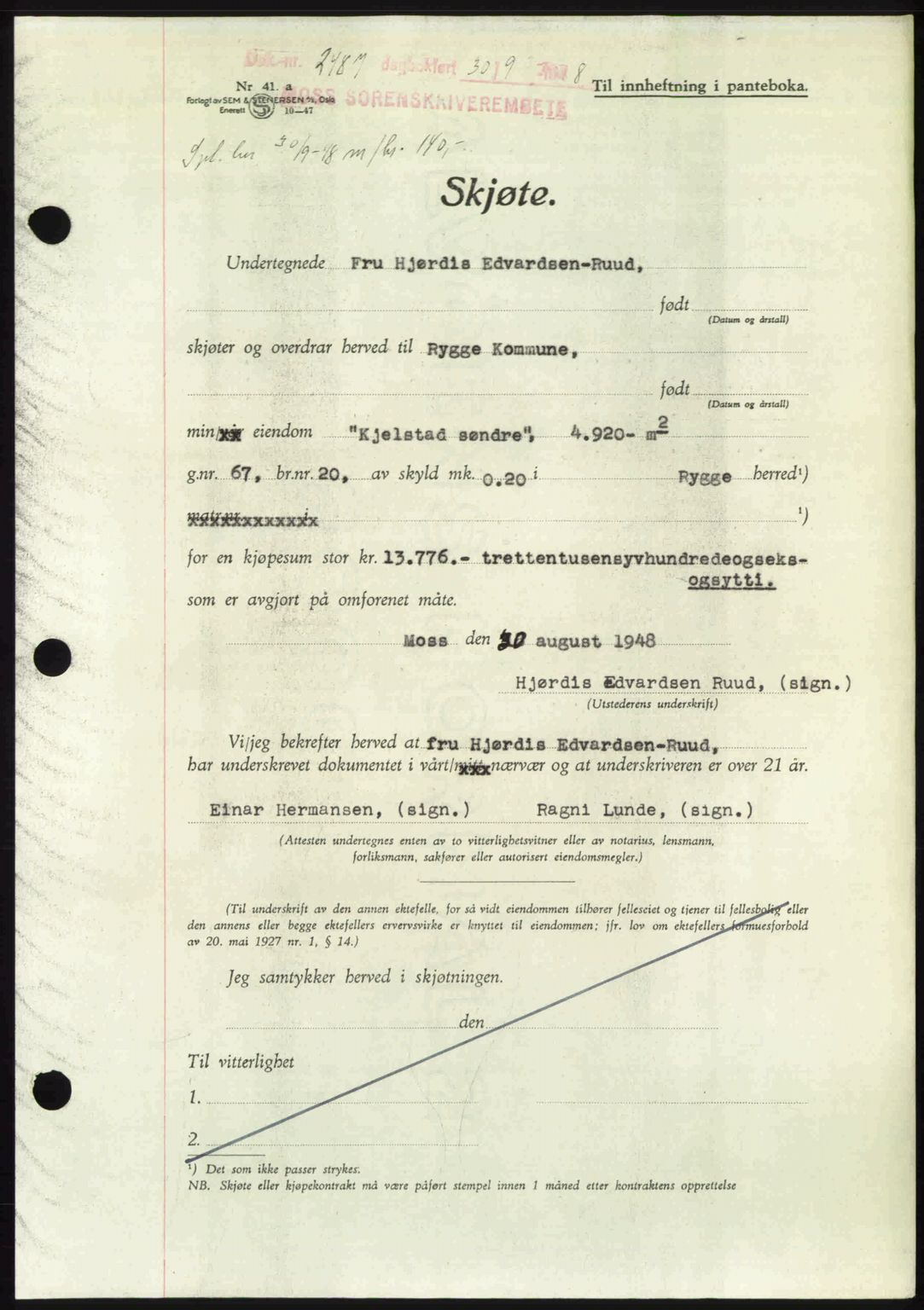 Moss sorenskriveri, SAO/A-10168: Pantebok nr. A20, 1948-1948, Dagboknr: 2487/1948