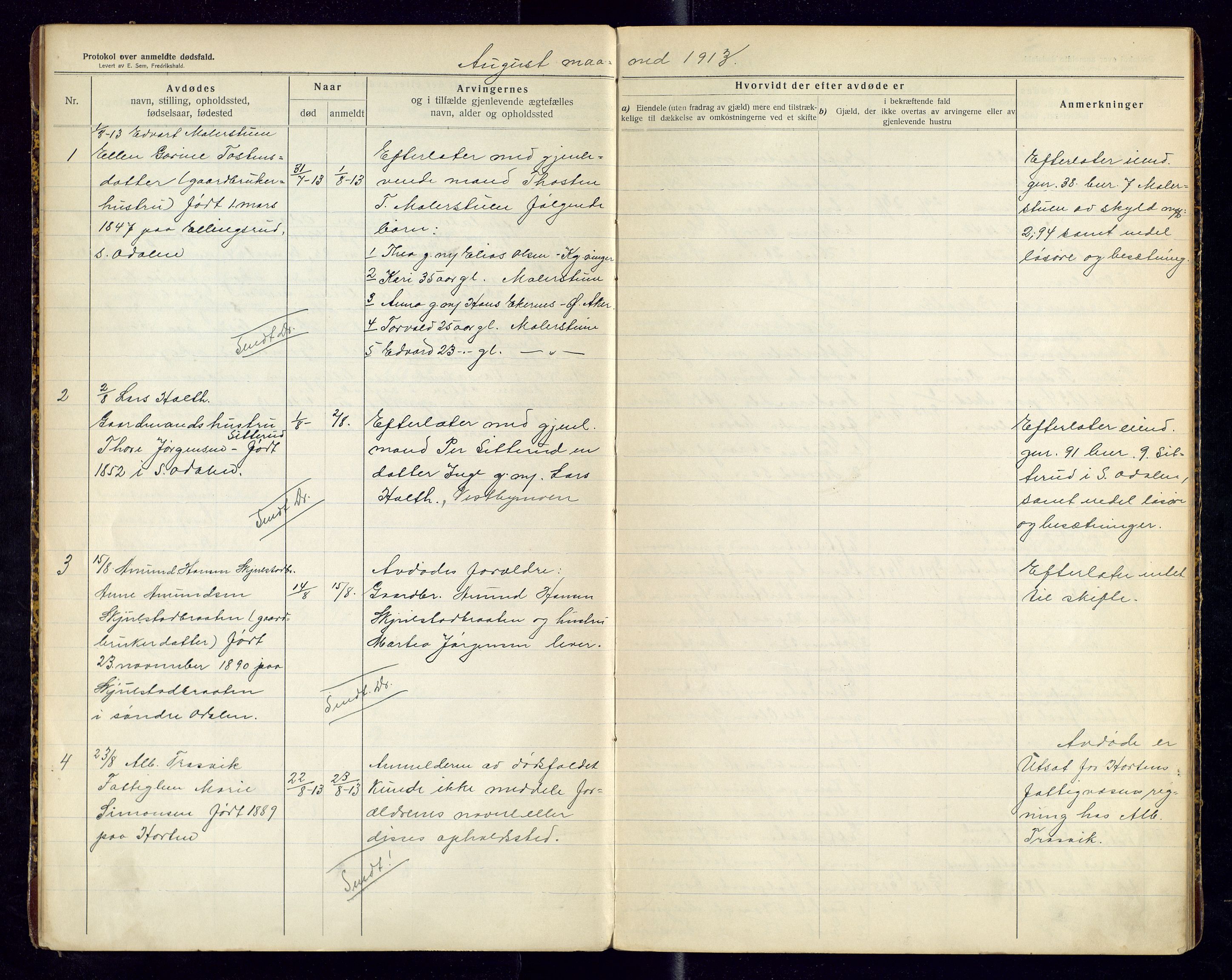 Sør-Odal lensmannskontor, AV/SAH-LHS-022/H/Hb/L0002/0001: Protokoller over anmeldte dødsfall / Protokoll over anmeldte dødsfall, 1913-1915