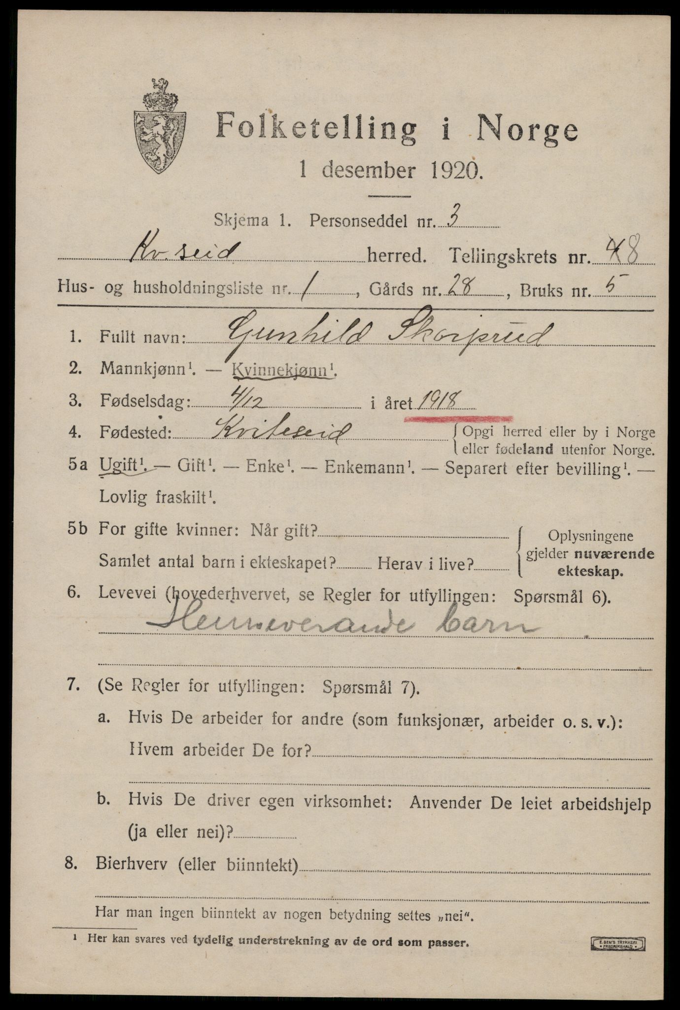 SAKO, Folketelling 1920 for 0829 Kviteseid herred, 1920, s. 3743