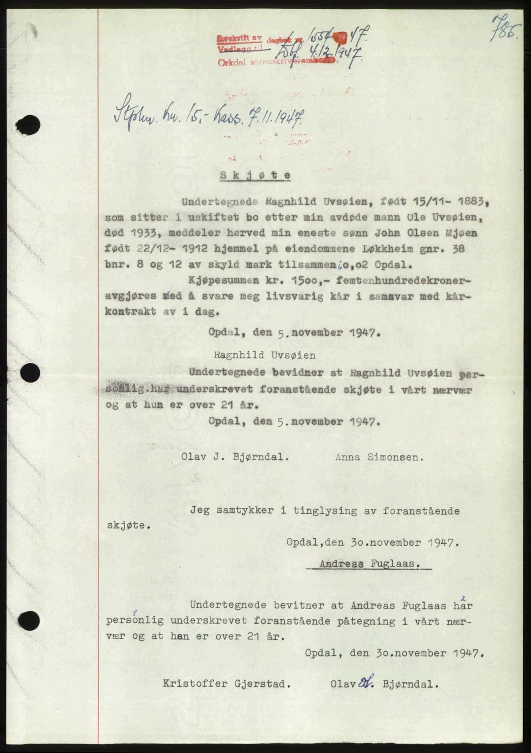 Orkdal sorenskriveri, SAT/A-4169/1/2/2C: Pantebok nr. A, 1947-1947, Dagboknr: 1554/1947
