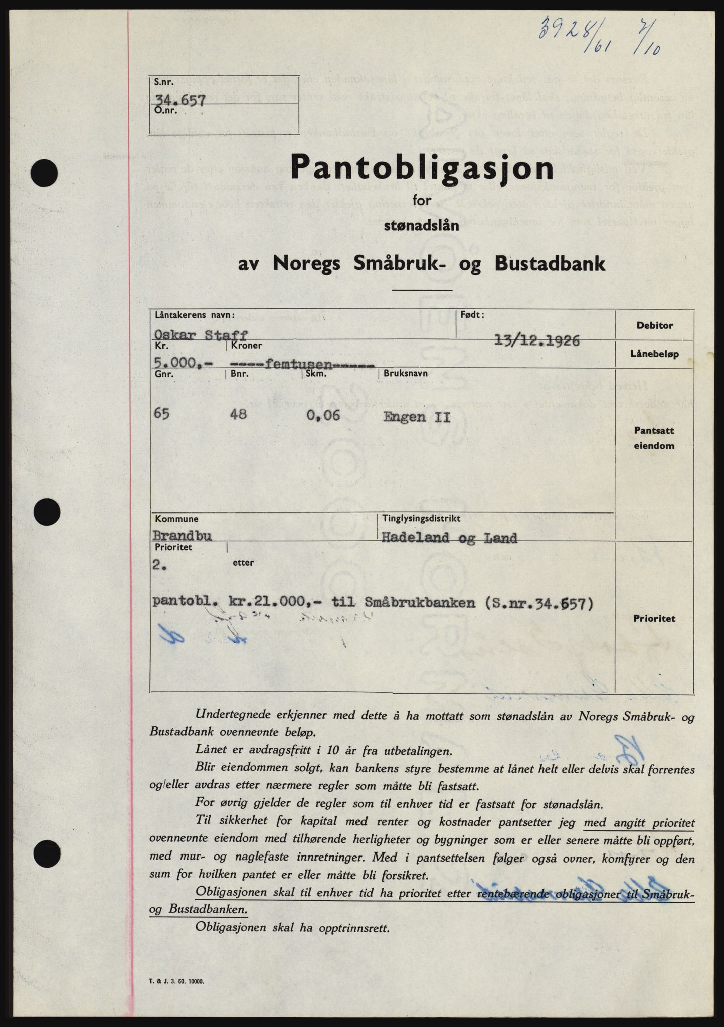 Hadeland og Land tingrett, SAH/TING-010/H/Hb/Hbc/L0047: Pantebok nr. B47, 1961-1962, Dagboknr: 3928/1961
